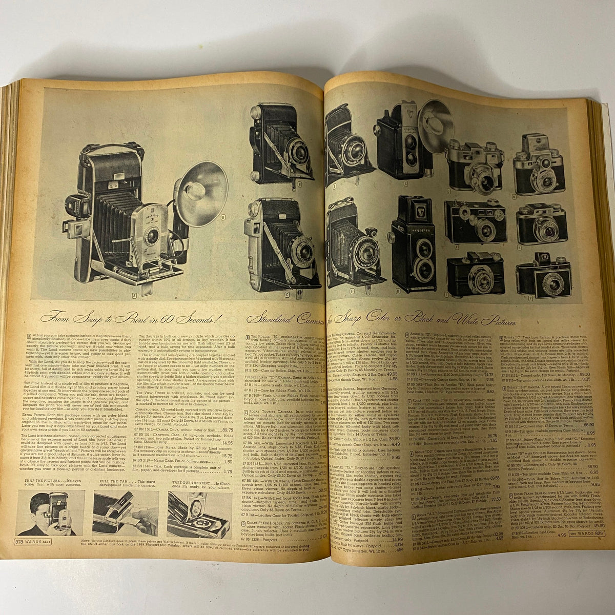 Full page layout from the 1949-1950 Montgomery Ward Baltimore Fall and Winter Catalog illustrating a range of cameras along with descriptions for standard cameras and film options.