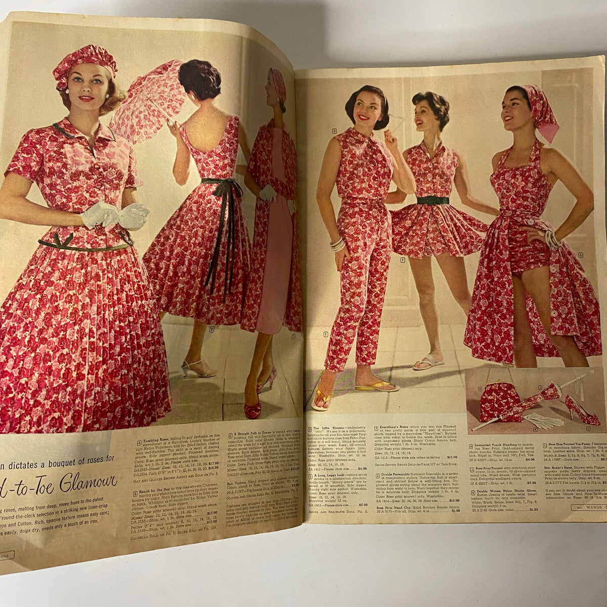 Interior page of the 1958 Montgomery Ward Spring and Summer Catalog featuring models showcasing floral prints in dresses and accessories.