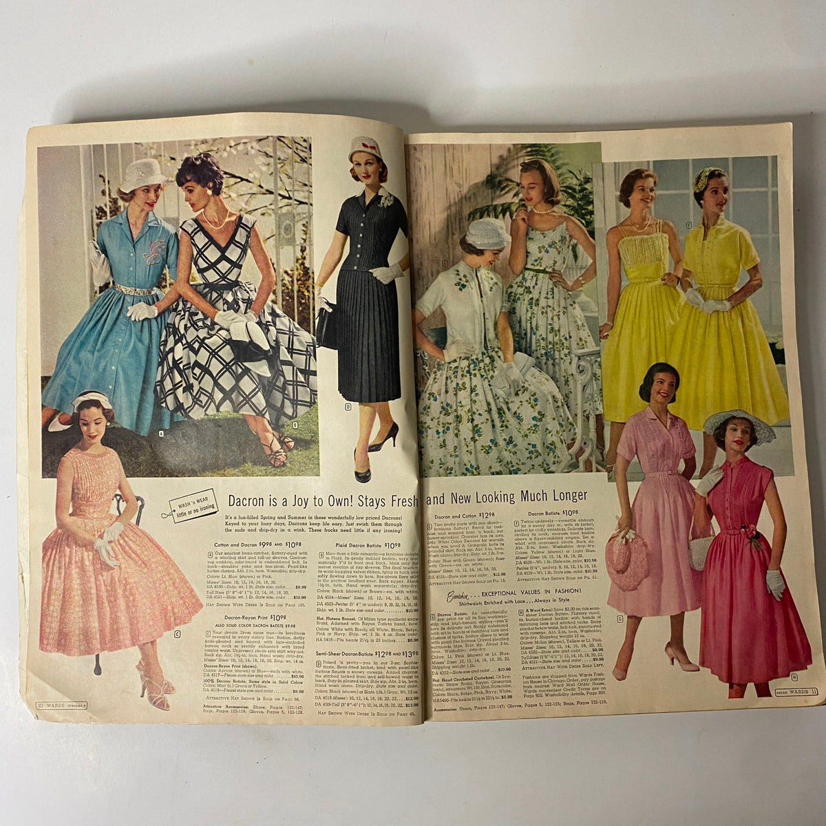 Vintage fashion selections from the 1958 Montgomery Ward Spring and Summer Catalog, featuring various dresses and styles suitable for mid-century occasions.