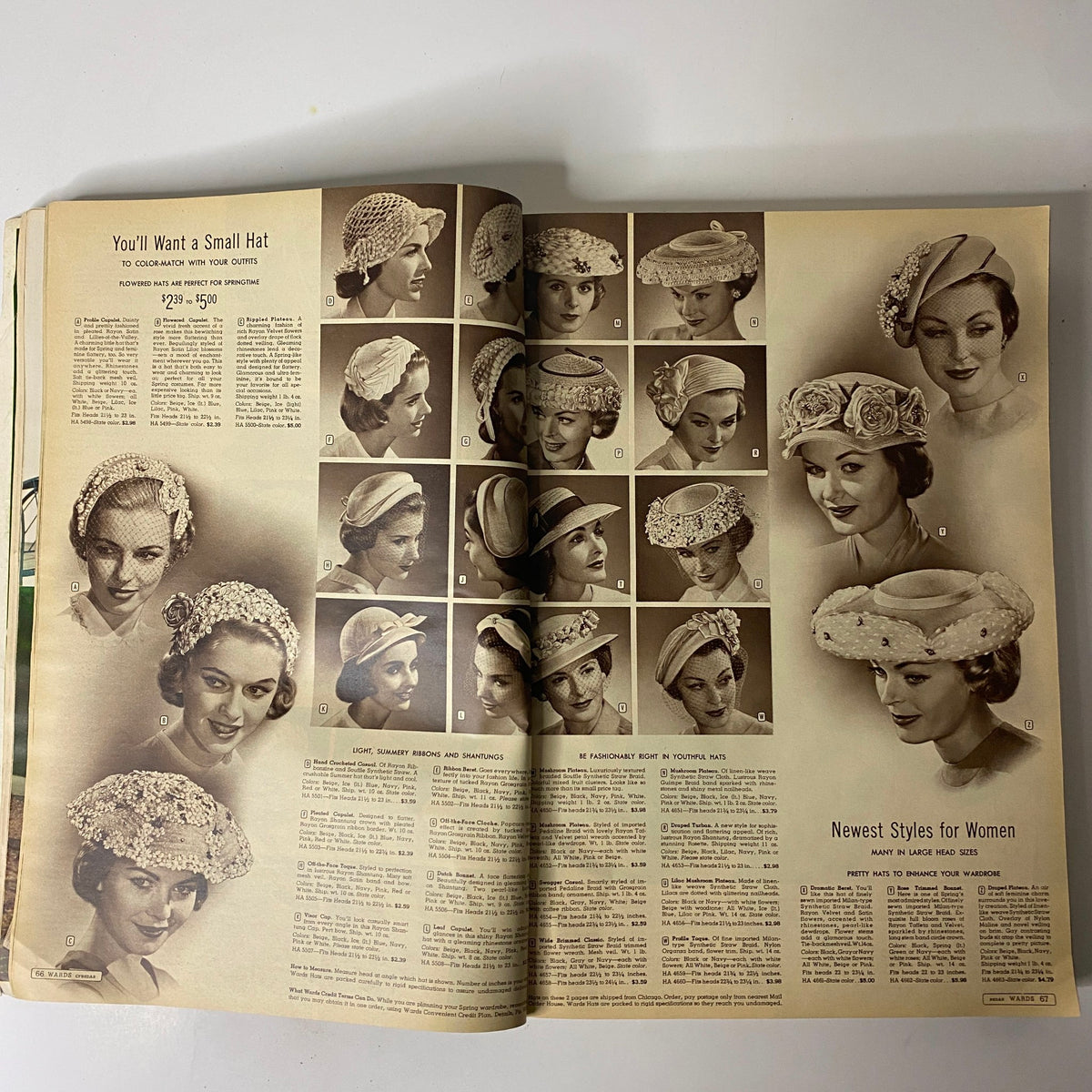 1958 Montgomery Ward Spring and Summer Catalog featuring a variety of women's hats, showcasing styles for every occasion.