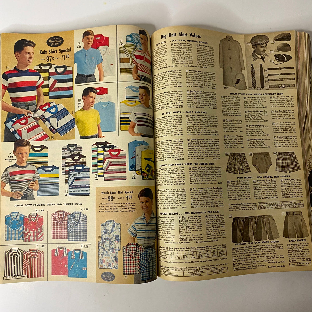 1958 Montgomery Ward Spring and Summer Catalog presenting knit shirt values for boys, featuring vibrant spring and summer styles.