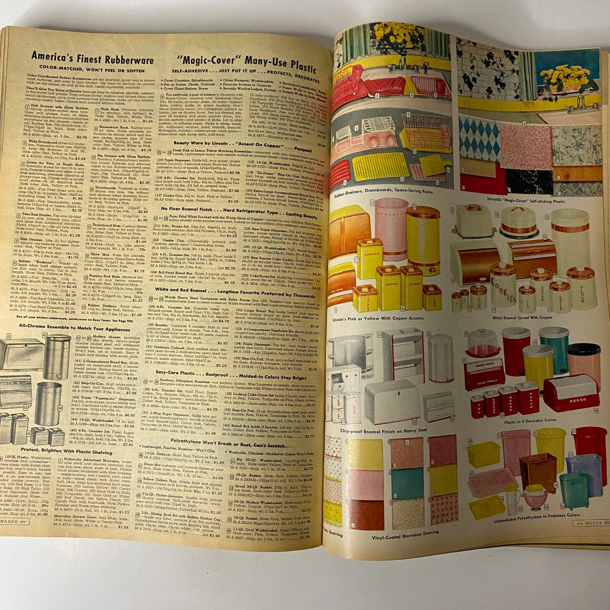 Page from the 1958 Montgomery Ward Spring and Summer Catalog showcasing colorful rubberware and plastic storage solutions, highlighting product features and prices.