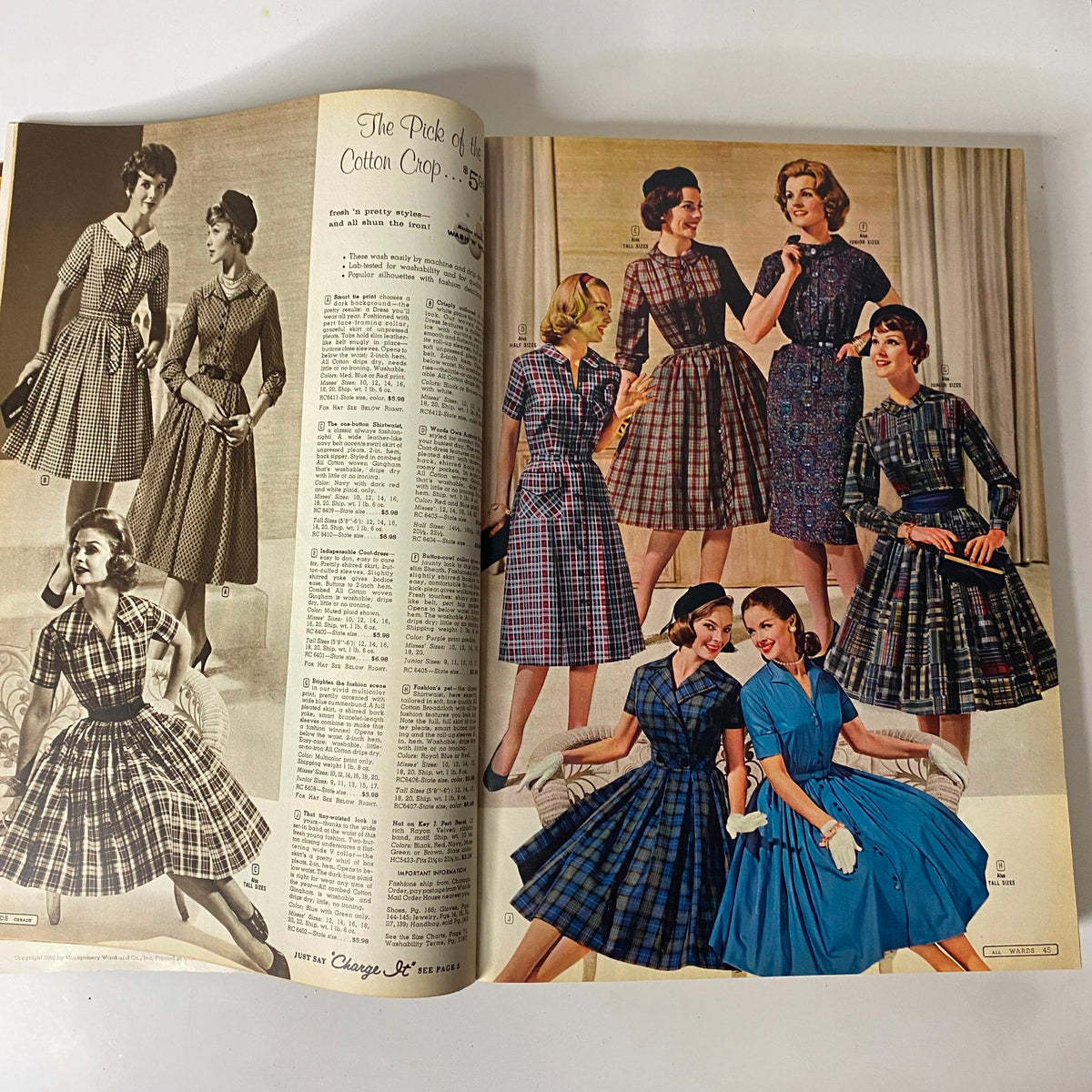 1960 Montgomery Ward Fall and Winter Catalog featuring a selection of classic cotton dresses, highlighting retro fashion with stylish patterns and designs worn by models.