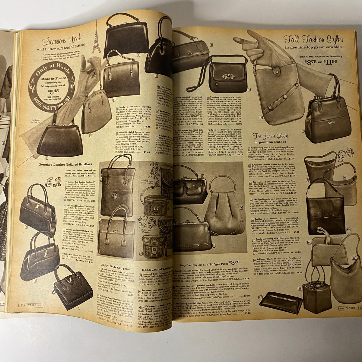 Inside page from the 1960 Montgomery Ward Fall and Winter Catalog featuring various handbag styles and pricing for fall fashion.