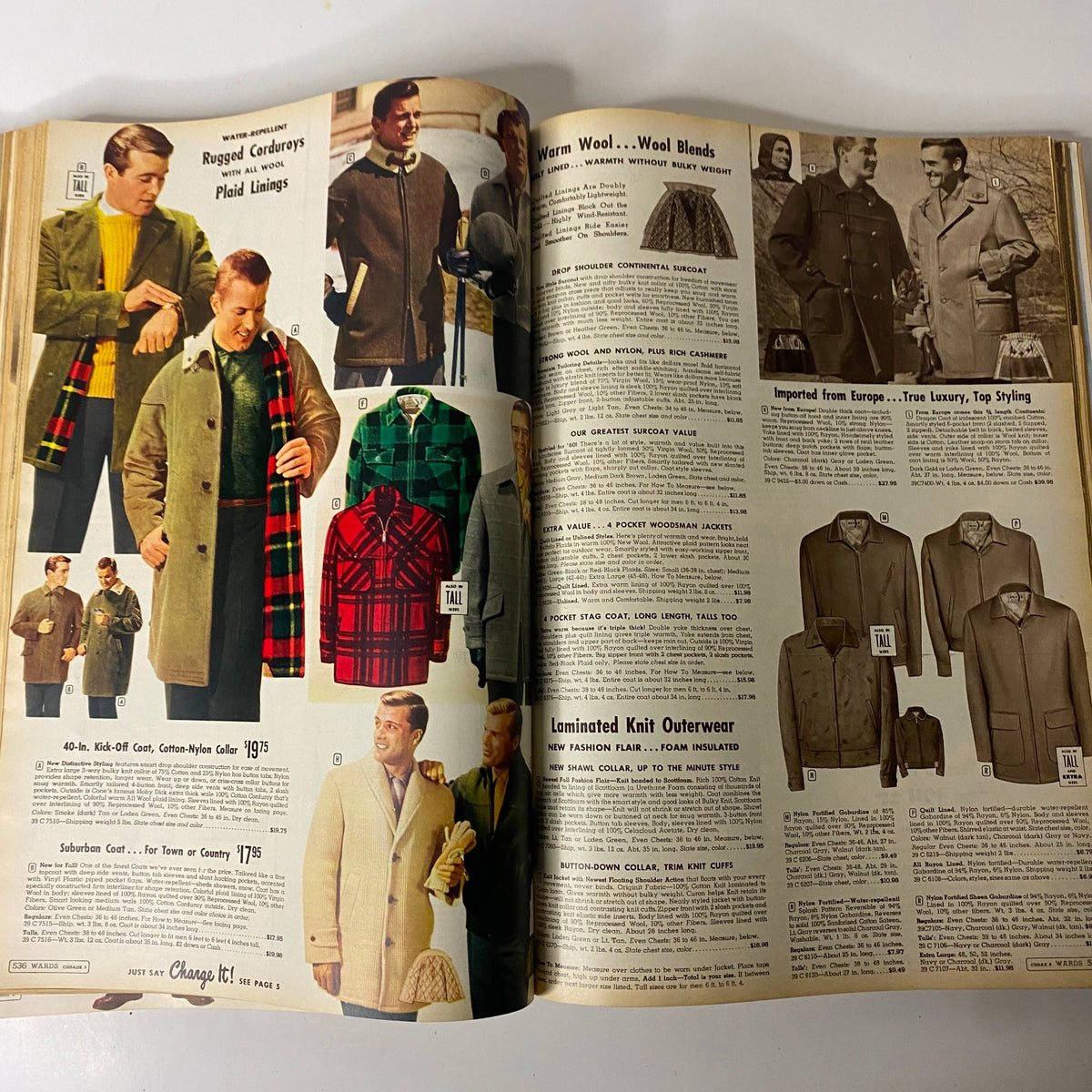 Inside page from the 1960 Montgomery Ward Fall and Winter Catalog highlighting men's outerwear options and styles.