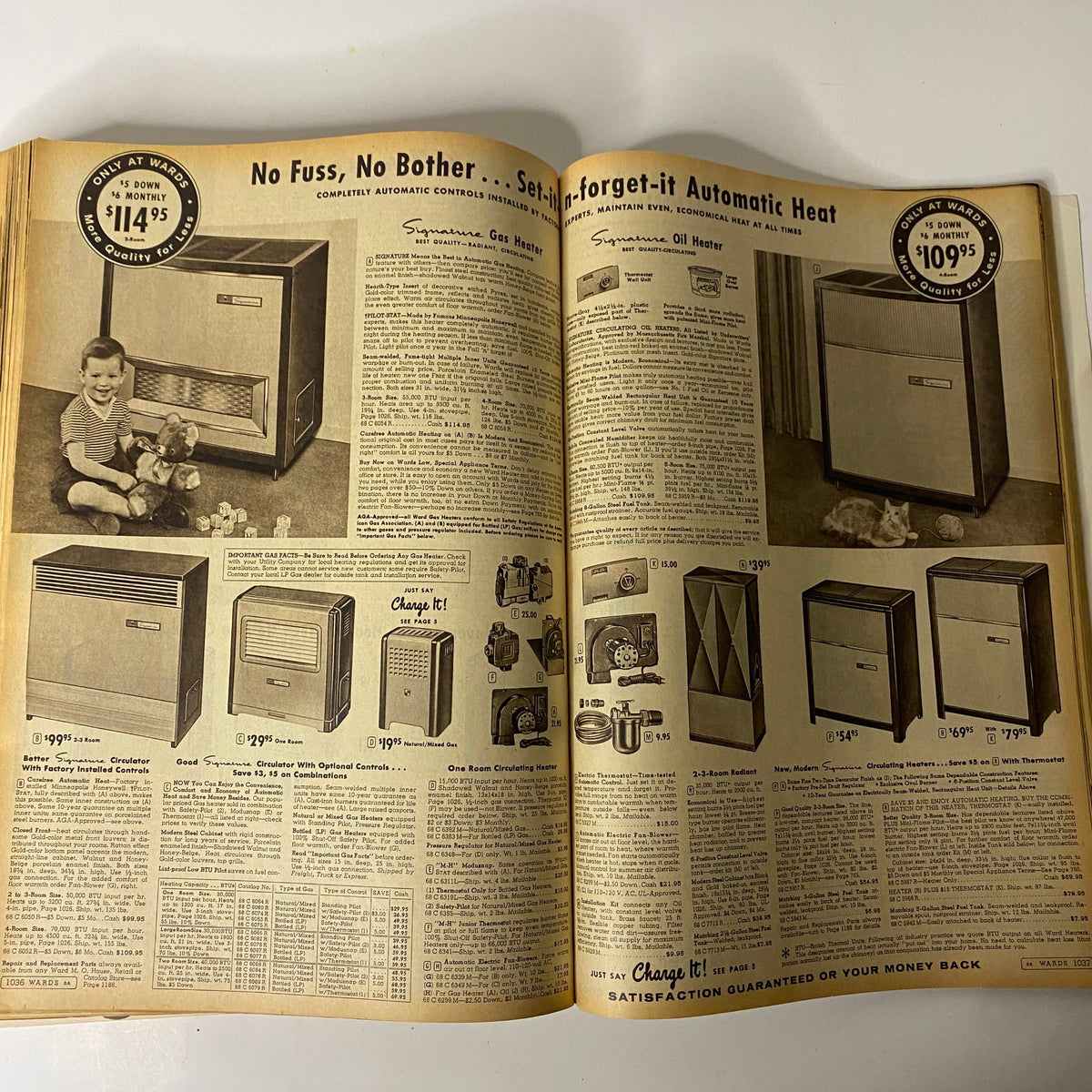 Inside page of the 1960 Montgomery Ward Fall and Winter Catalog featuring heating appliances, showcasing a child and various heater models with pricing details.