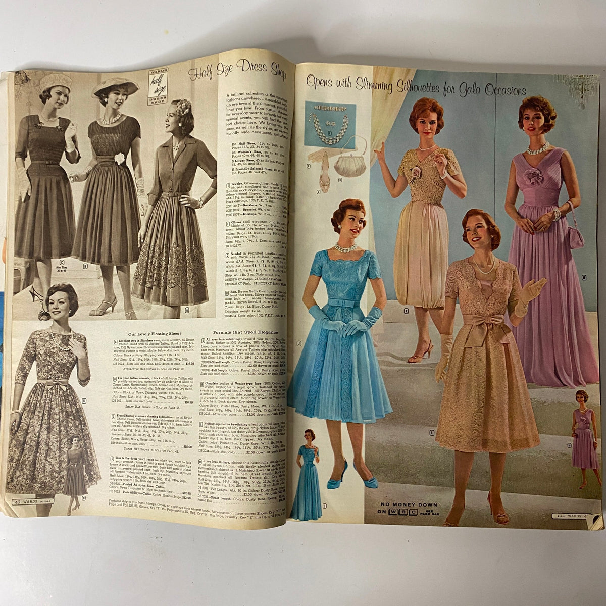1960 Montgomery Ward Spring and Summer Catalog displaying a collection of elegant formal dresses tailored for women, emphasizing sophisticated designs and fabrics.