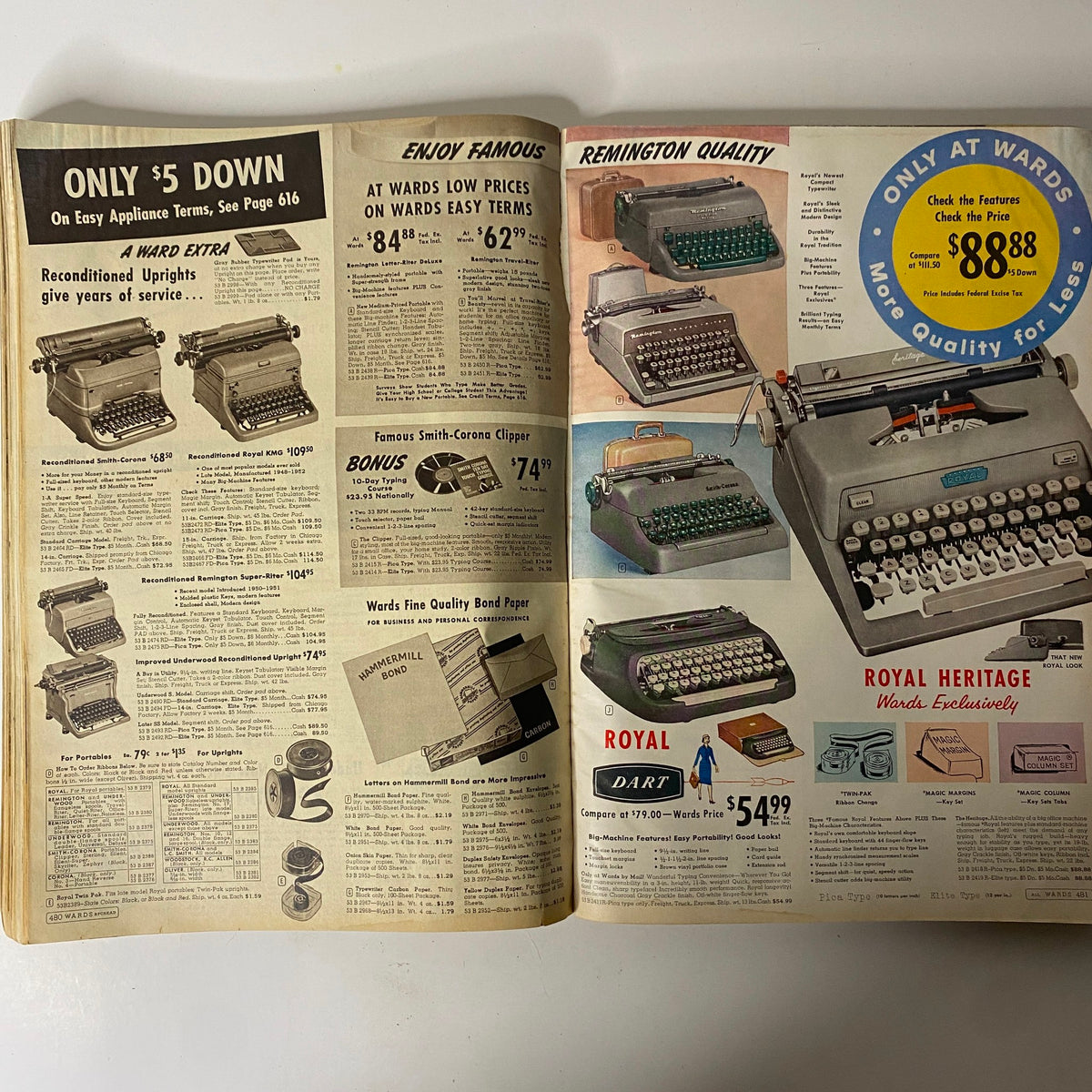 1960 Montgomery Ward Spring and Summer Catalog illustrating typewriters and office supplies, highlighting Remington quality products.