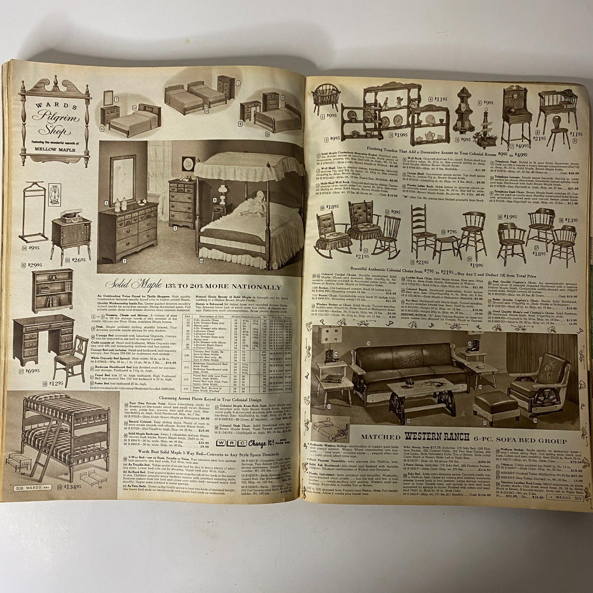 1960 Montgomery Ward Spring and Summer Catalog presenting an array of furniture items, including beds, chairs, and storage solutions.