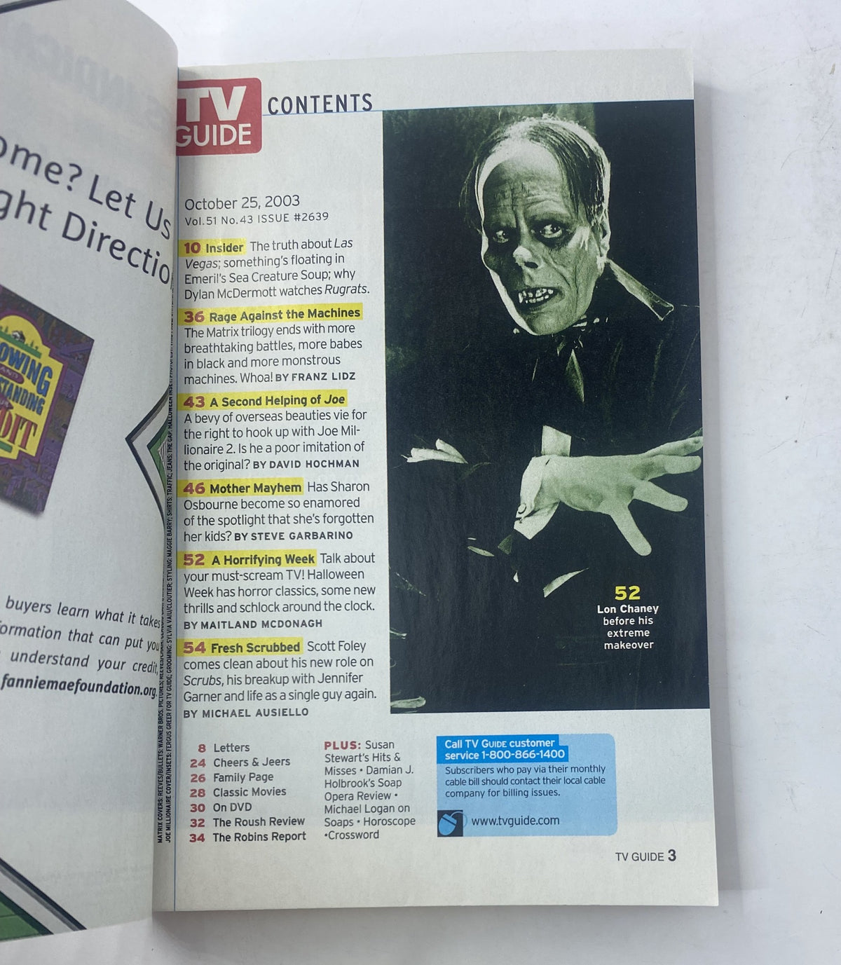 TV Guide Magazine October 25, 2003 featuring contents page highlighting 'Rage Against the Machines' and 'A Horrifying Week' articles, showcasing a character in a horror theme.