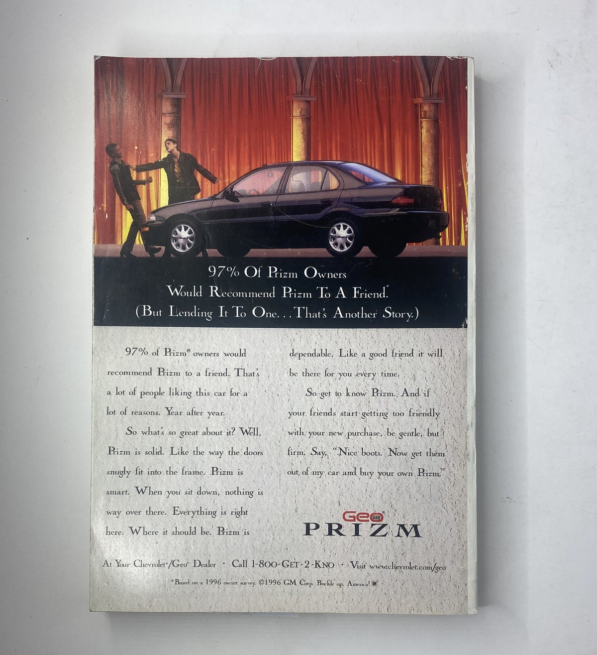 Back cover of TV Guide Magazine May 17, 1997, advertising the Geo Prizm car with a promotional message about satisfaction among owners.