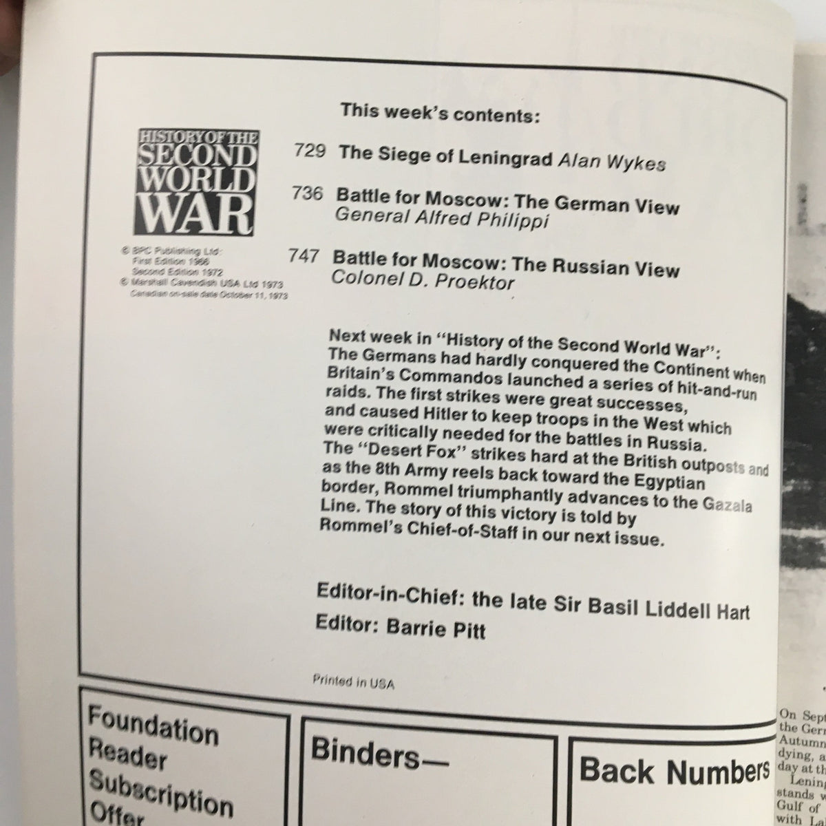 Contents page from 'History of the Second World War Part 27 1973: Battle for Moscow Both Side Story', highlighting articles on the Siege of Leningrad and perspectives of the German and Russian views during the Battle for Moscow.