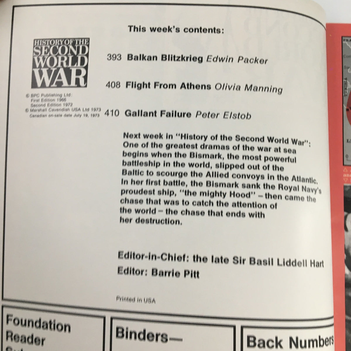 Interior page of 'History of the Second World War Part 15: 1973 Flight from Athens, Gallant Failure', detailing the contents including the articles on the Balkan Blitzkrieg and Gallant Failure.