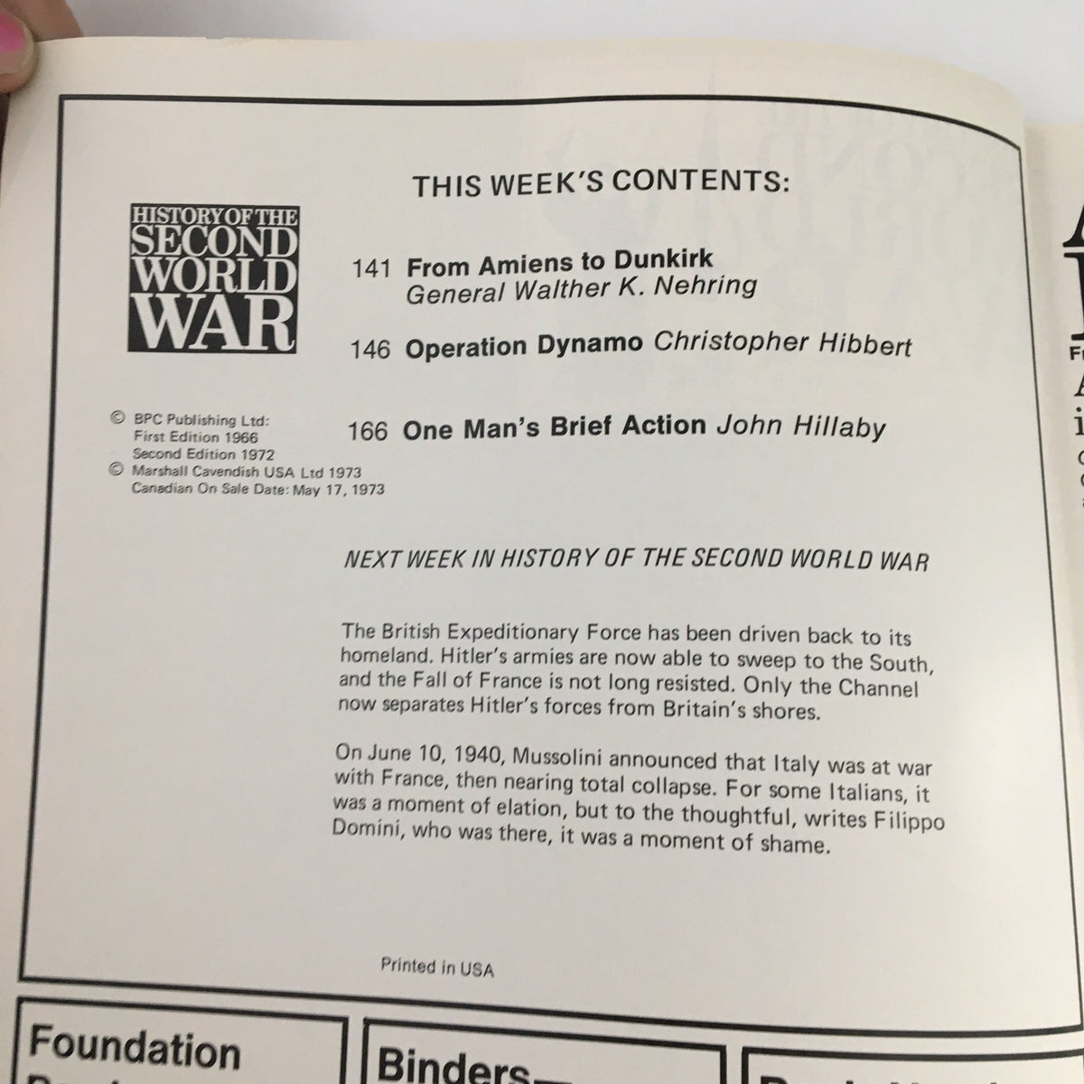 Contents page of 'History of the Second World War Part 6 1973: From Amiens to Dunkirk' listing articles on notable events including Operation Dynamo.