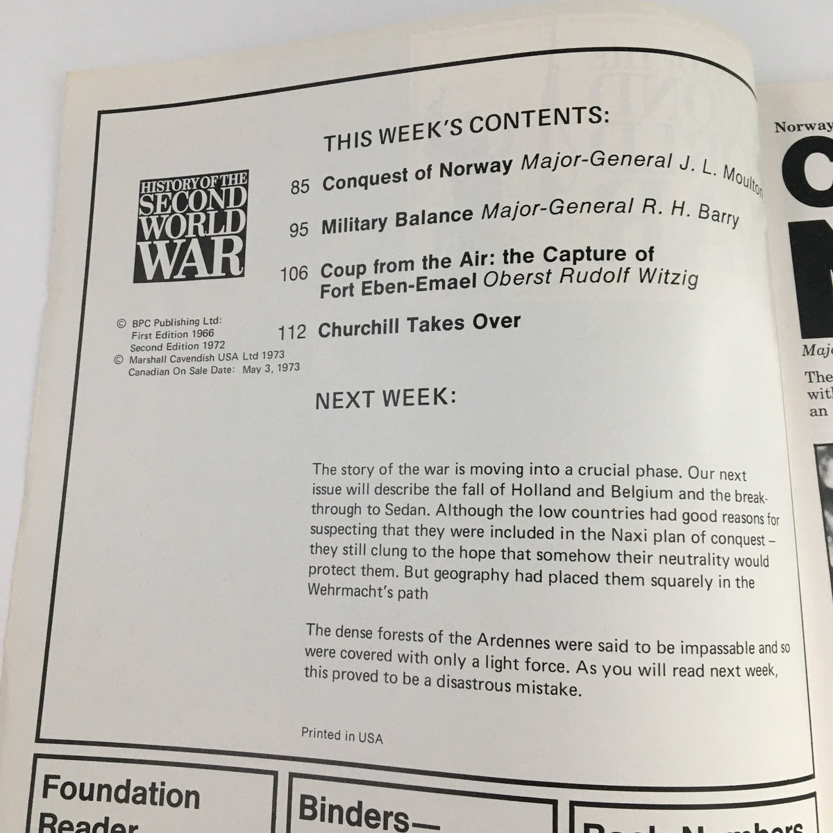 Table of contents from 'History of the Second World War Part 4: 1973 Winston Churchill Takes Over', featuring articles on military strategies, including 'Conquest of Norway' and 'Military Balance' alongside Churchill's pivotal role.