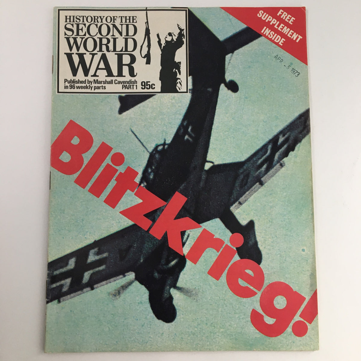 Cover of 'History of the Second World War Part 1 1973' showcasing a military aircraft with the bold text 'Blitzkrieg!' highlighting key elements of World War II history.