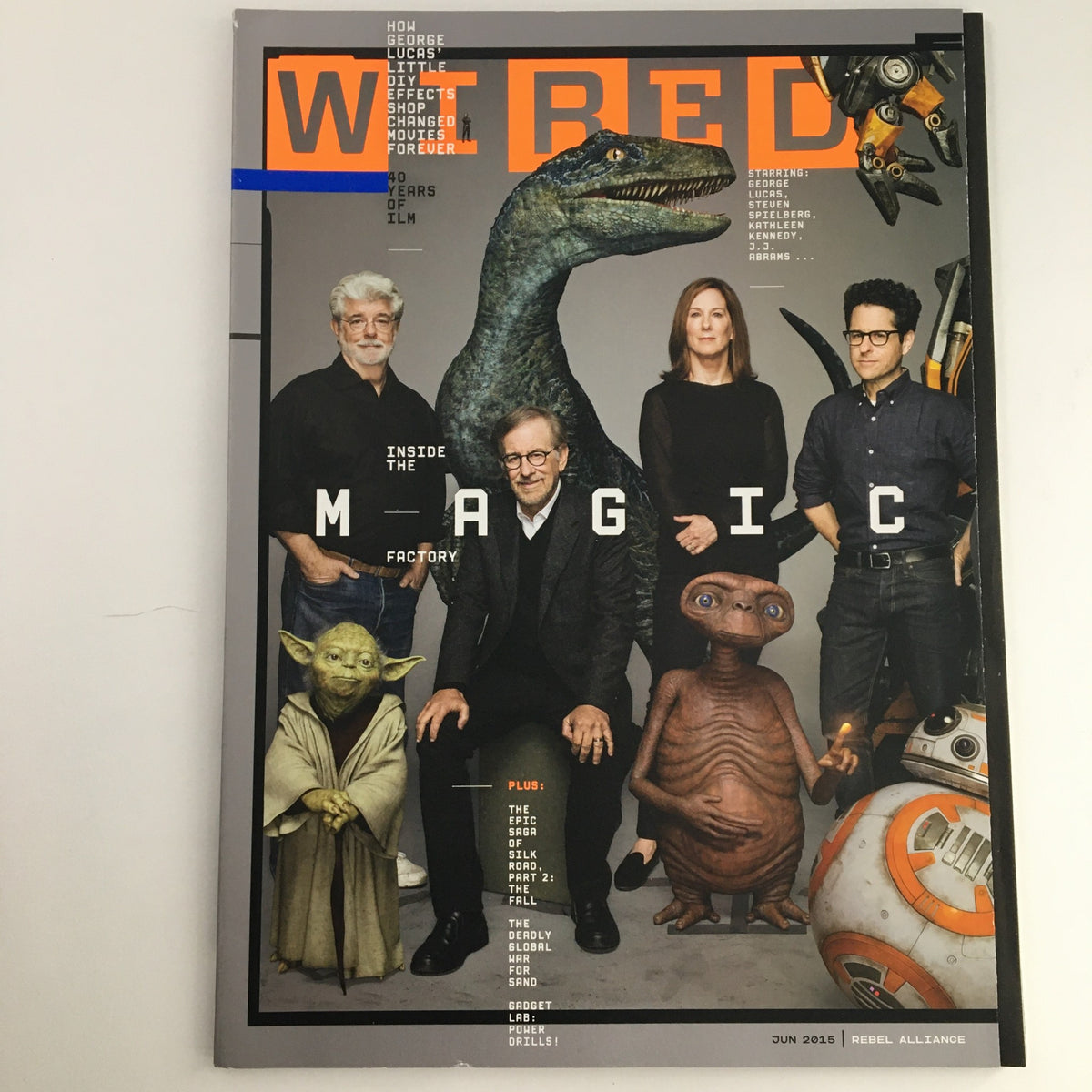 Wired Magazine June 2015 featuring George Lucas, inside the Magic Factory, showcasing iconic characters and filmmakers such as Yoda, with a modern cinematic theme.