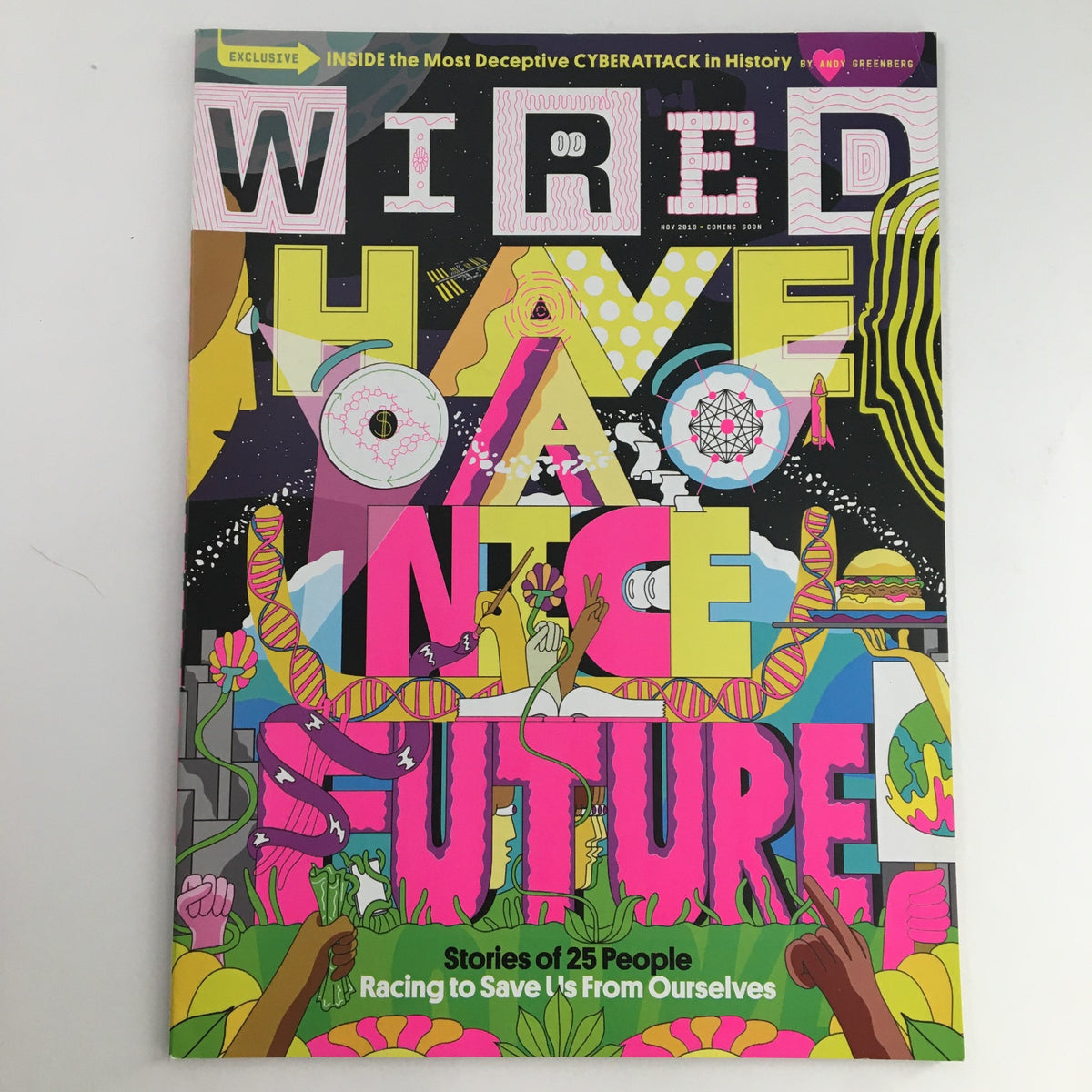 Cover of Wired Magazine November 2019 featuring the title 'Deceptive Cyberattack History & Have A Nice Future' with colorful illustrations, showcasing stories about cybersecurity and technology advancements.