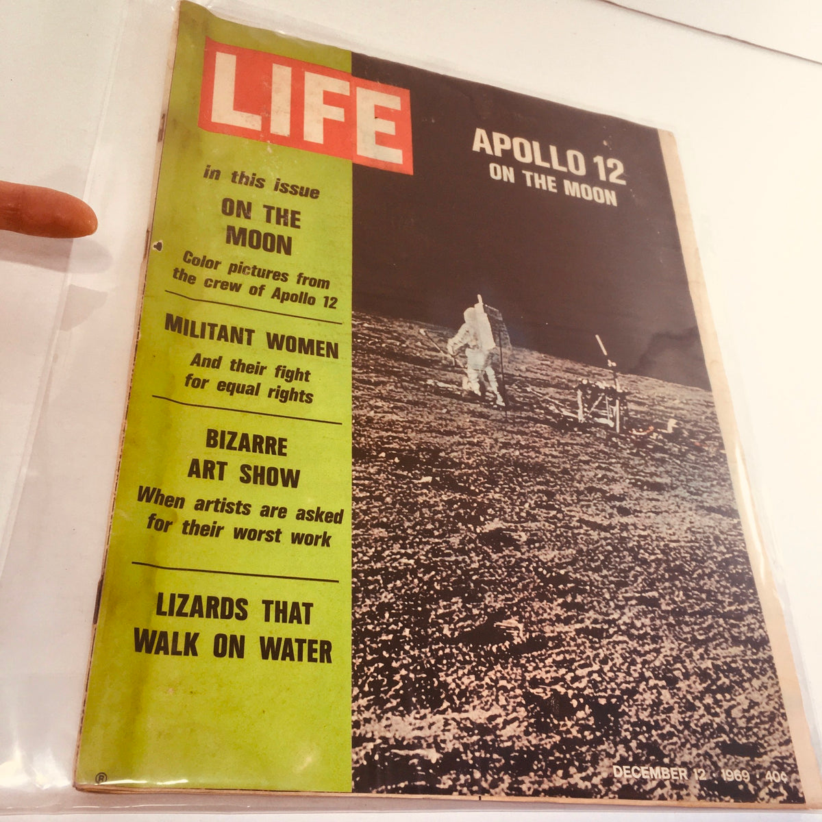 Cover image of VTG Life Magazine December 12, 1969, showcasing Apollo 12 on the Moon with highlights on militant women and bizarre art show.