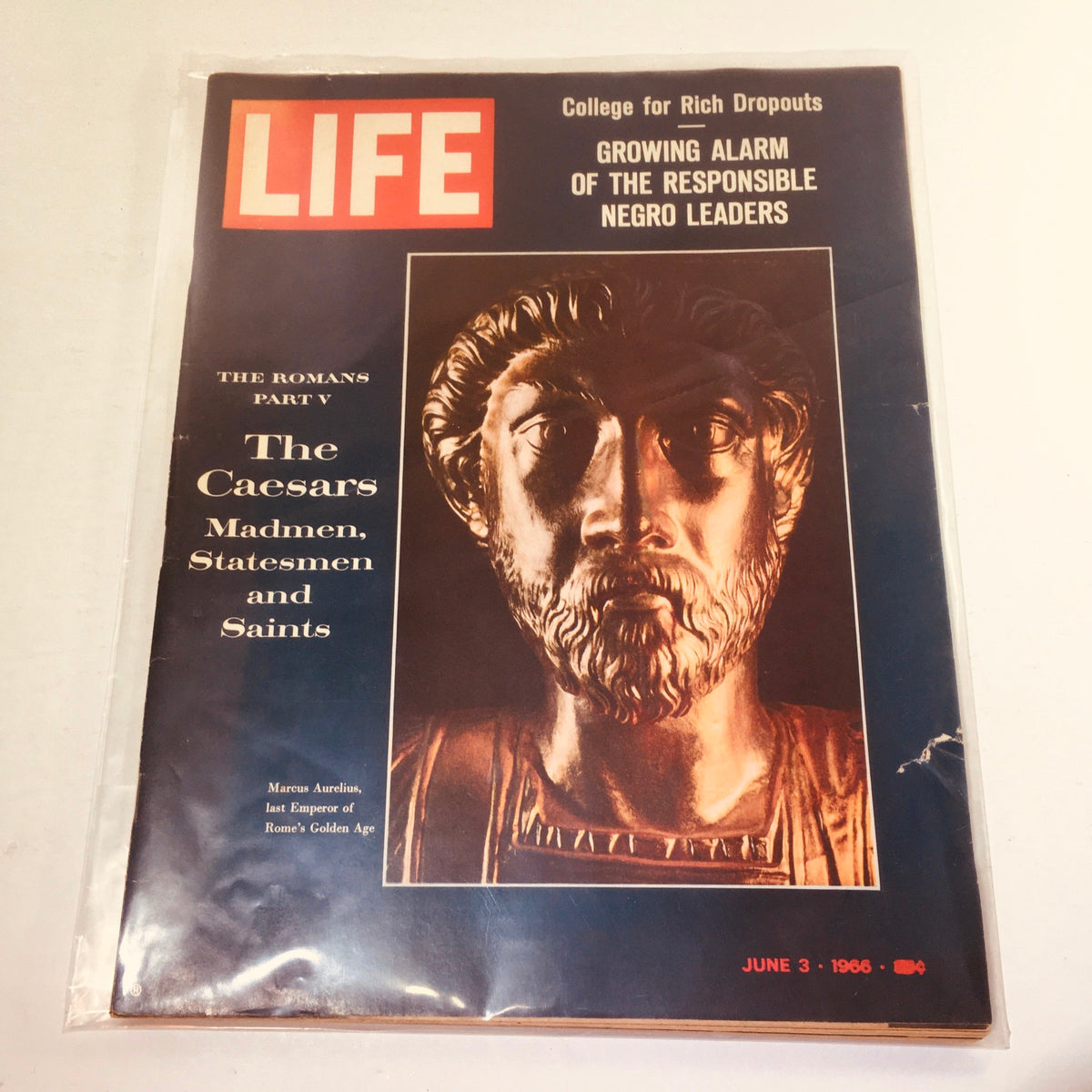 VTG Life Magazine Cover from June 3, 1966 featuring Marcus Aurelius, the Last Emperor of Rome, showcasing the theme of The Caesars: Madmen, Statesmen and Saints.