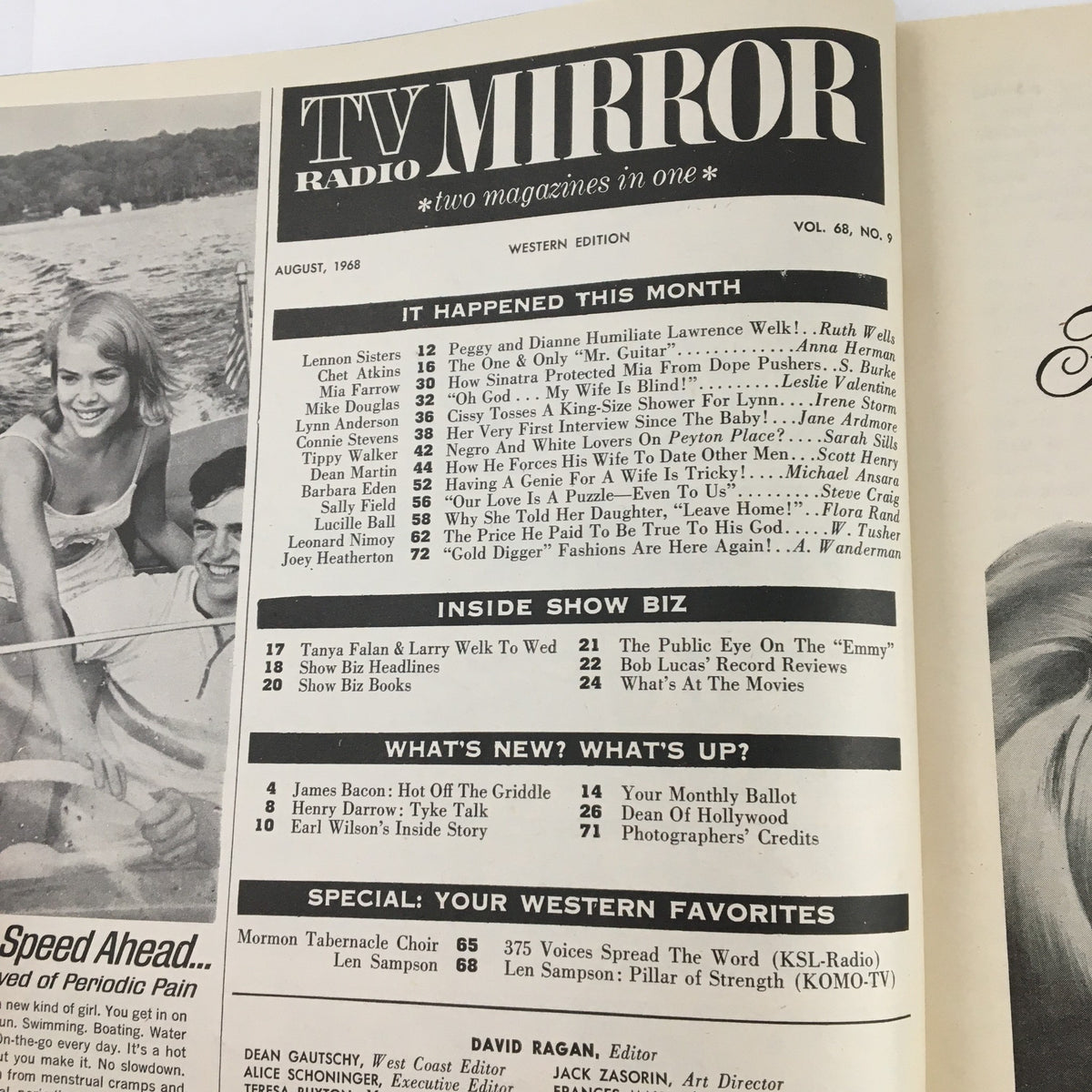 Interior page of TV Radio Mirror Magazine, August 1968, Vol 68 #9, showcasing listings and events from the month, celebrating the pop culture of the late 1960s.