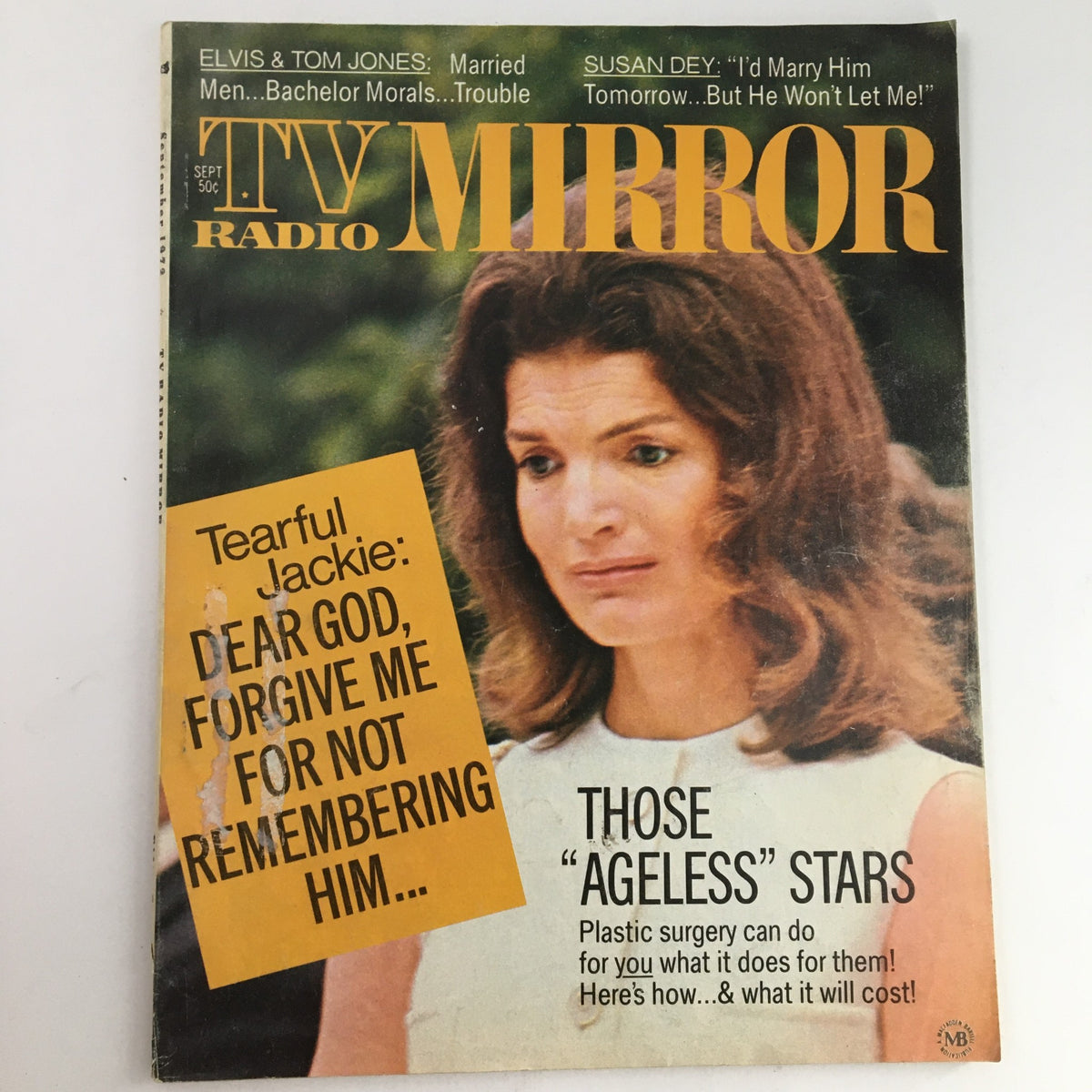 Cover of TV Radio Mirror Magazine September 1972 featuring Jackie Kennedy, with a headline about her and Tom Jones in Vol 72 #10.