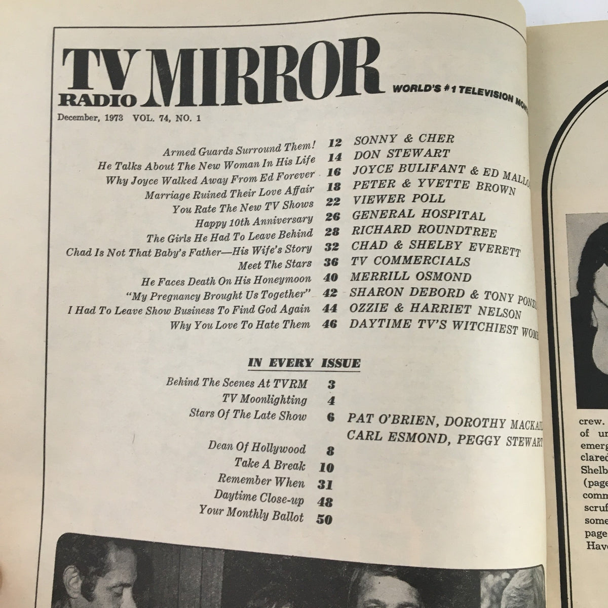 Interior page of TV Radio Mirror Magazine December 1973 Vol 74 #1, showcasing articles and features including Sonny & Cher and Tony Ponzini.