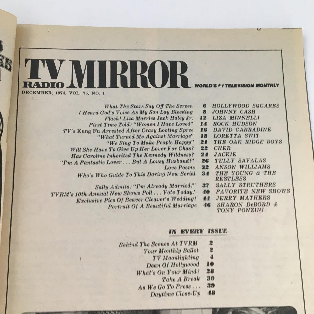 Contents page of TV Radio Mirror Magazine December 1974 showcasing articles and features on popular television stars and shows.