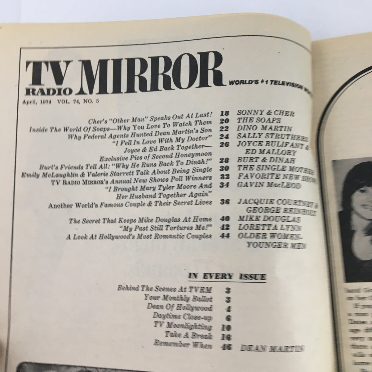 Inside page of TV Radio Mirror Magazine April 1974 Vol 74 #5 showcasing contents including exclusive interviews and features on Cher and Loretta Lynn.