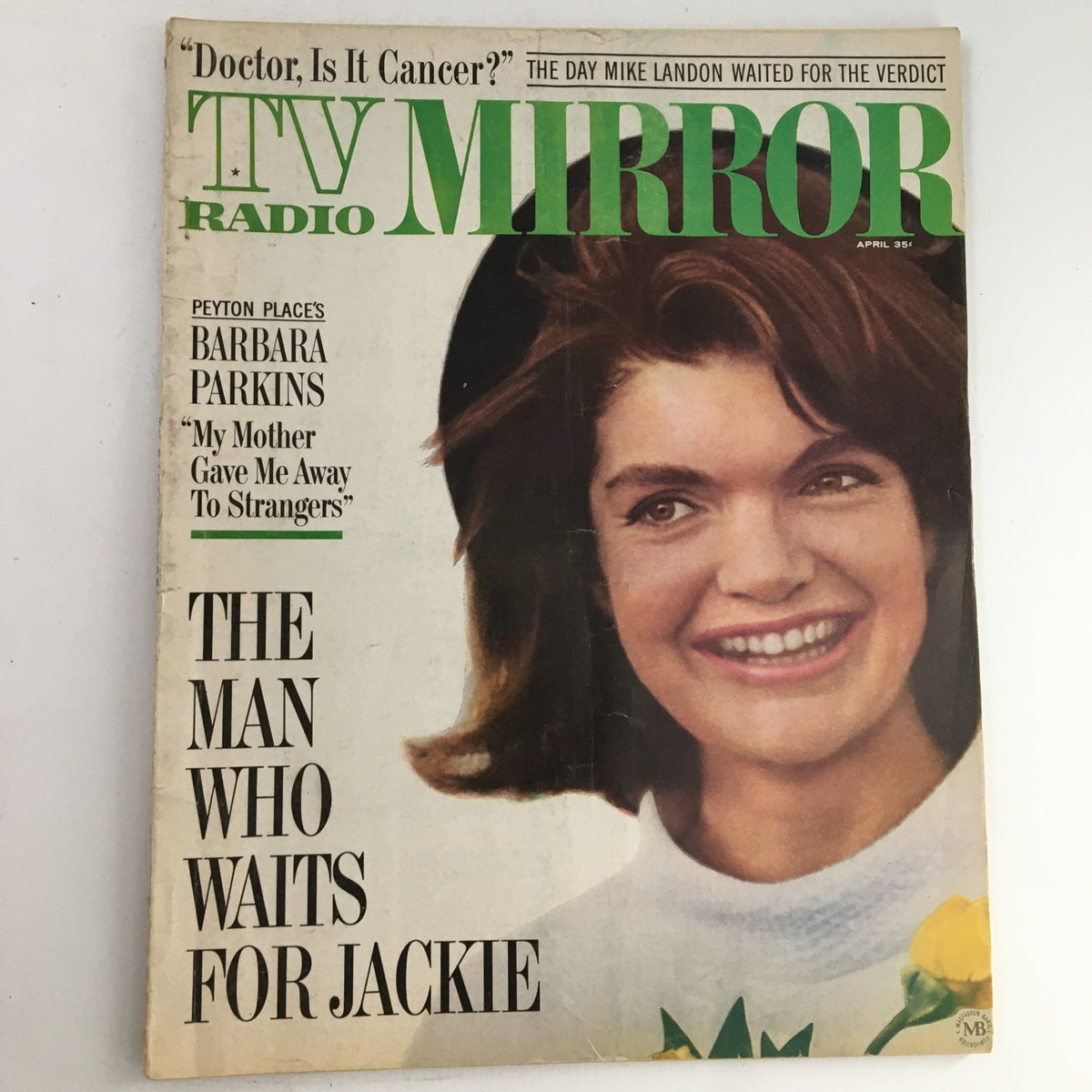 Cover of TV Radio Mirror Magazine April 1965 Vol 63 #5 featuring Jackie Kennedy and Barbara Parkins, highlighting their prominent roles and classic 1960s style.
