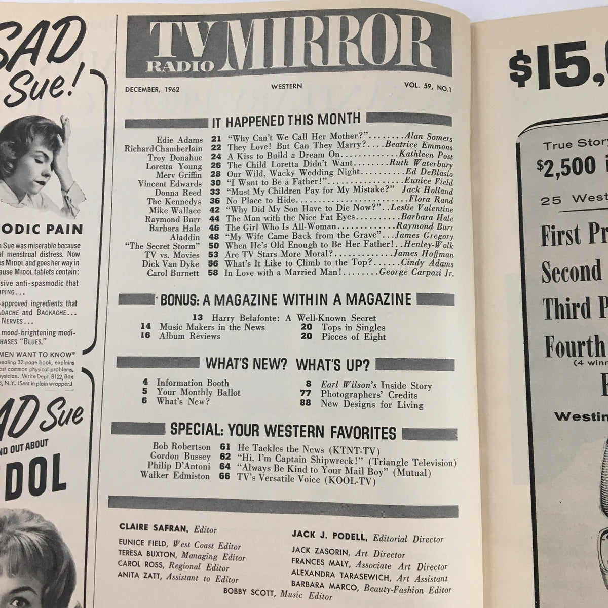 Interior page of TV Radio Mirror Magazine December 1962 Vol 59 #1 showcasing the table of contents and featured articles including insights on television and radio personalities like Clara Ray and Dick Chamberlain.
