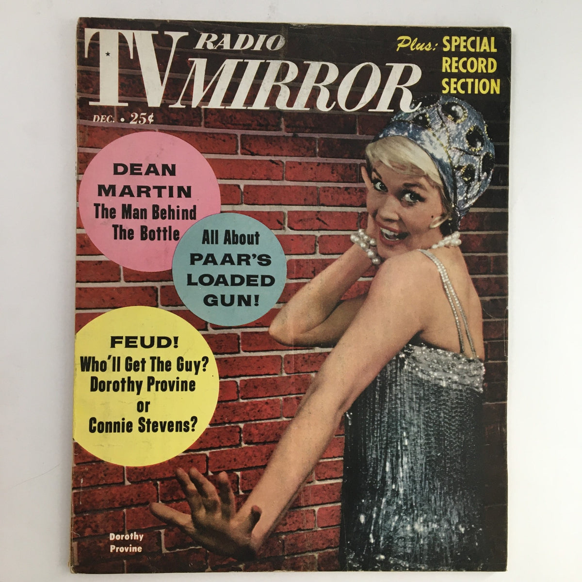 Cover of TV Radio Mirror Magazine December 1961 Vol 57 #1 featuring Dean Martin and Dorothy Provine, highlighting articles and images related to 1960s entertainment.