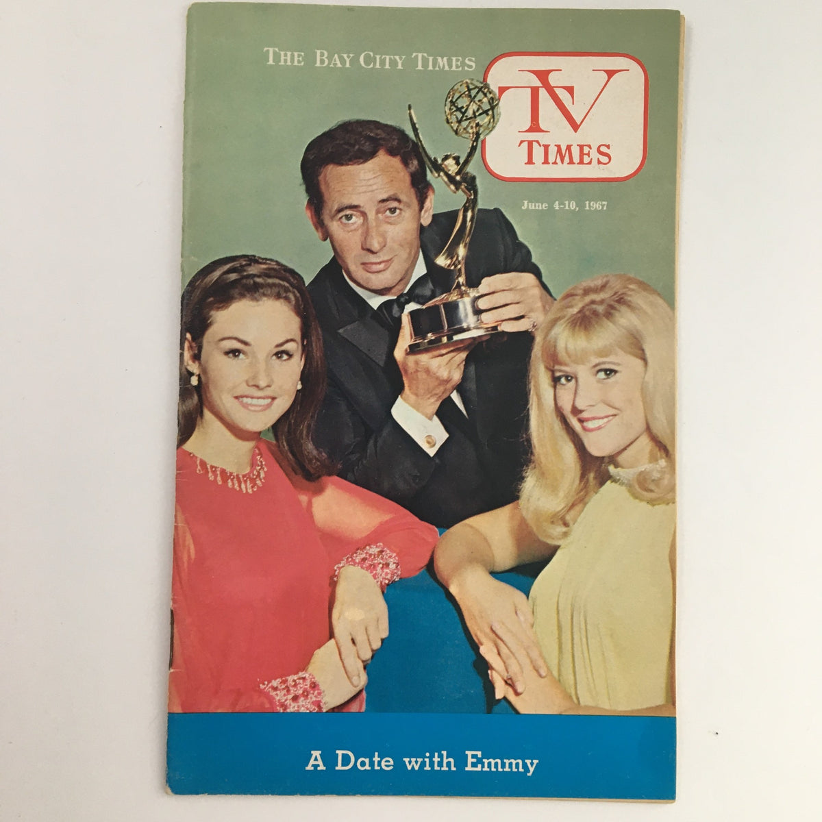 Cover of TV Times Bay City Michigan June 4-10 1967 featuring Emmy Winner Lori Saunders and Joey Bishop holding an Emmy award with a colorful background.