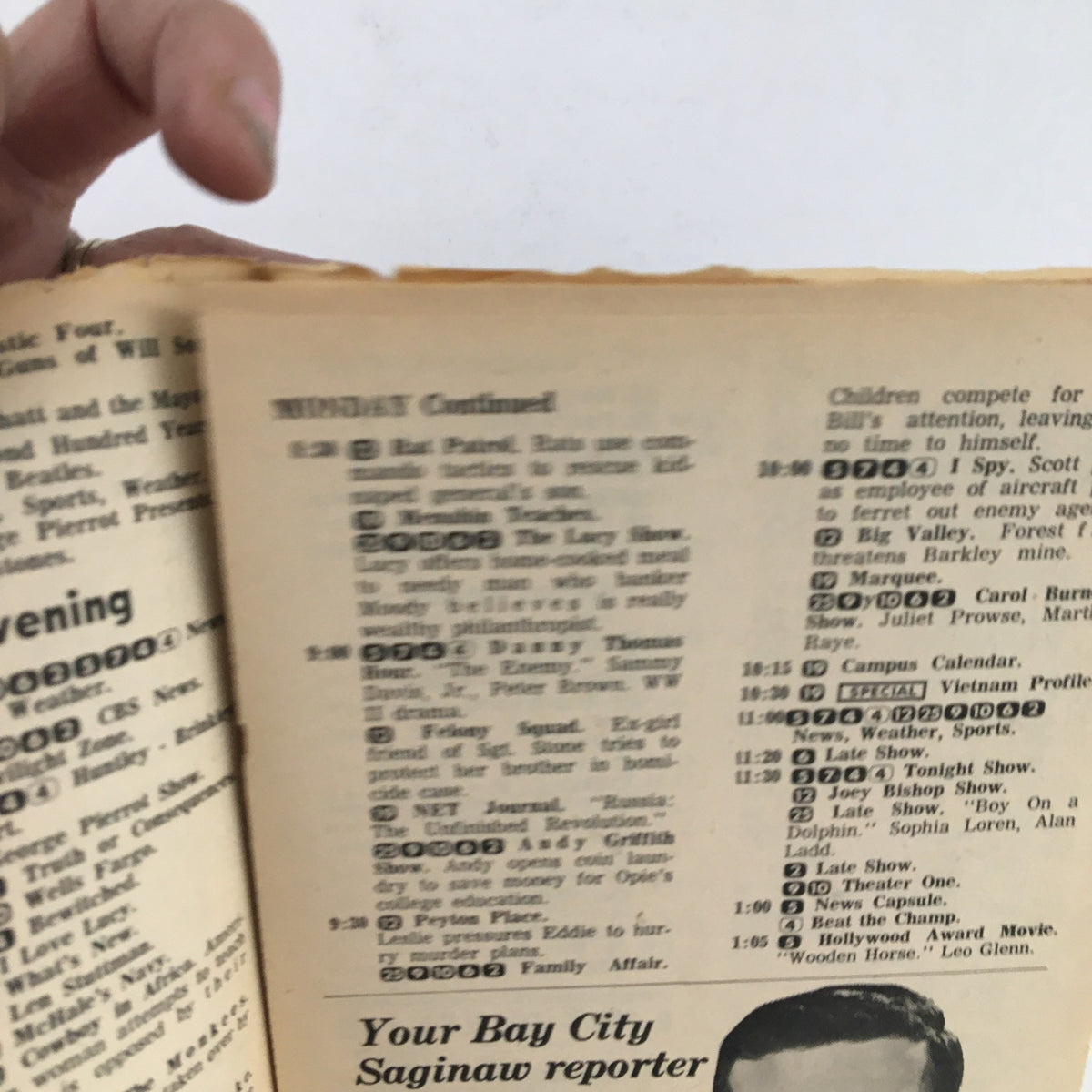 Inside page of the TV Times from Bay City, Michigan, dated November 19-25, 1967, showing TV listings and programming details featuring Debbie Reynolds.