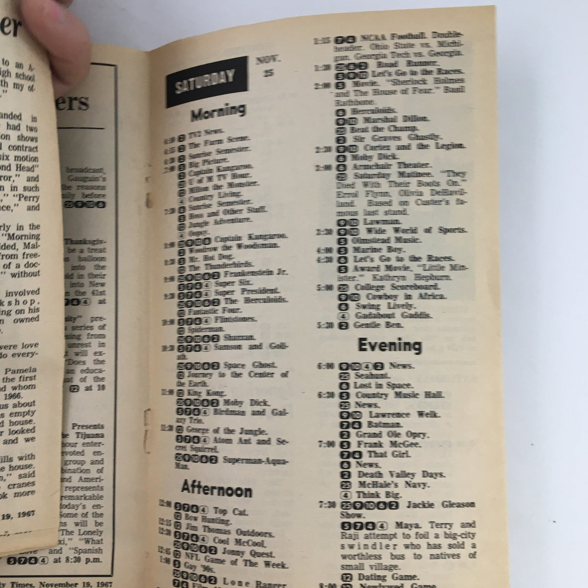 Another inside page of the TV Times from Bay City, Michigan, for November 19-25, 1967, displaying more TV schedules and highlights from the era.