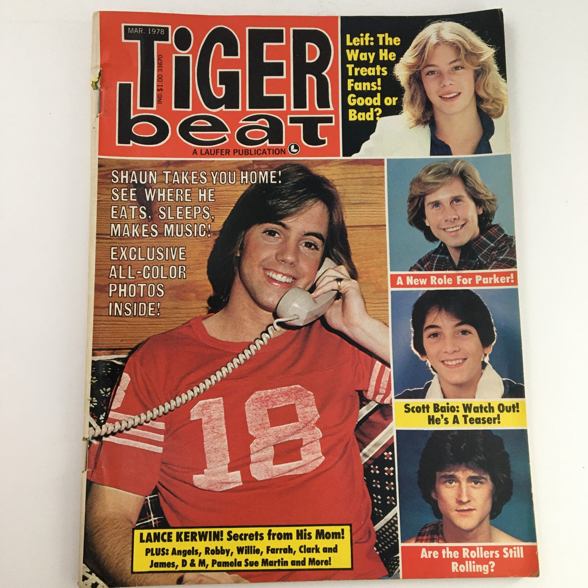Tiger Beat Magazine March 1978 featuring Lance Kerwin on the cover, showcasing nostalgic teen culture with an article about Shaun Cassidy and Scott Baio, along with colorful photos and headlines inside.