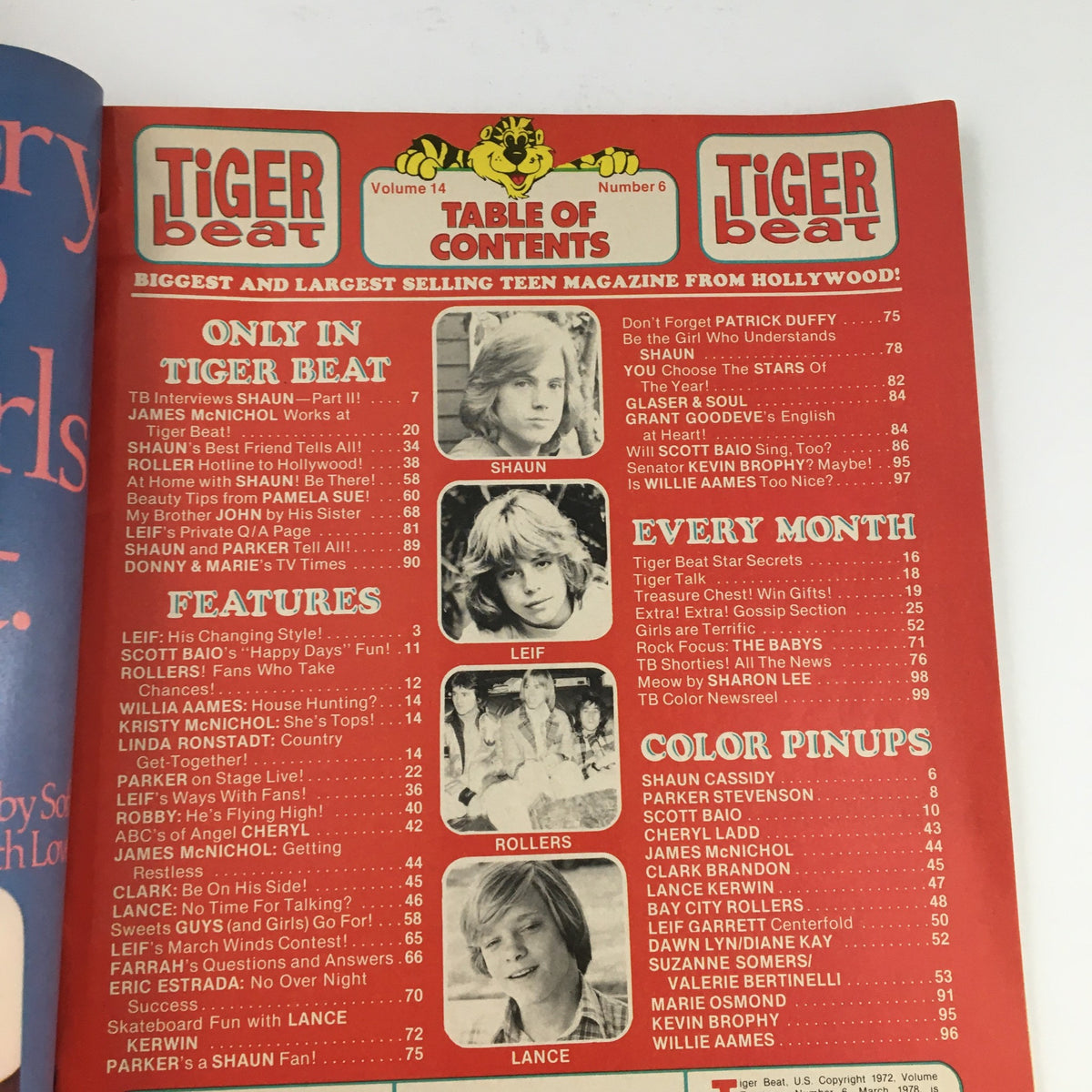 Table of contents from Tiger Beat Magazine March 1978, detailing features and articles about teen stars including Shaun, Leif, and Scott Baio, highlighting the magazine's exclusive interviews and colorful pinups.