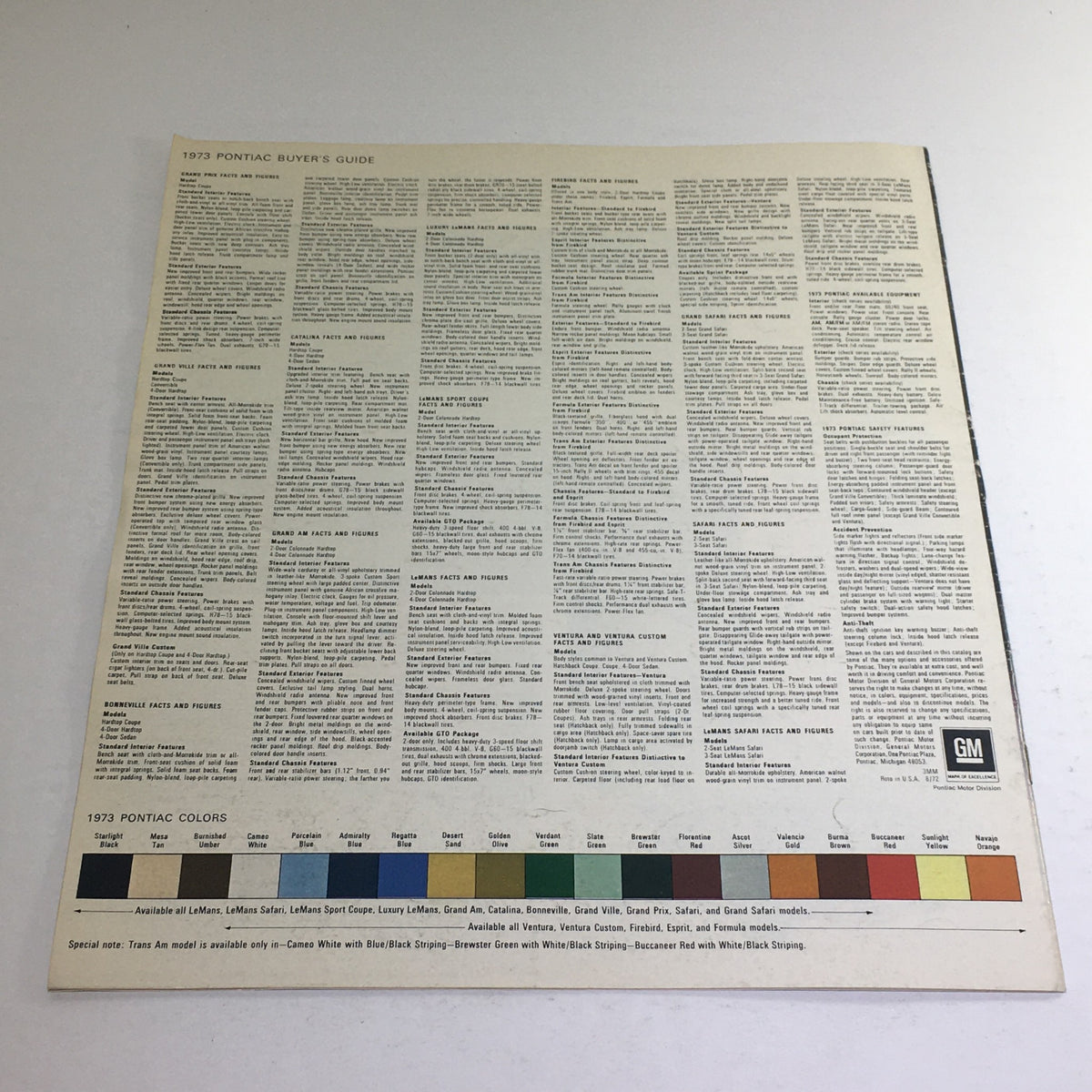 Back cover of the 1973 Pontiac Grand Prix & Ville/Bonneville Dealership Car Auto Brochure Catalog featuring the Pontiac Buyer's Guide and detailed vehicle features.