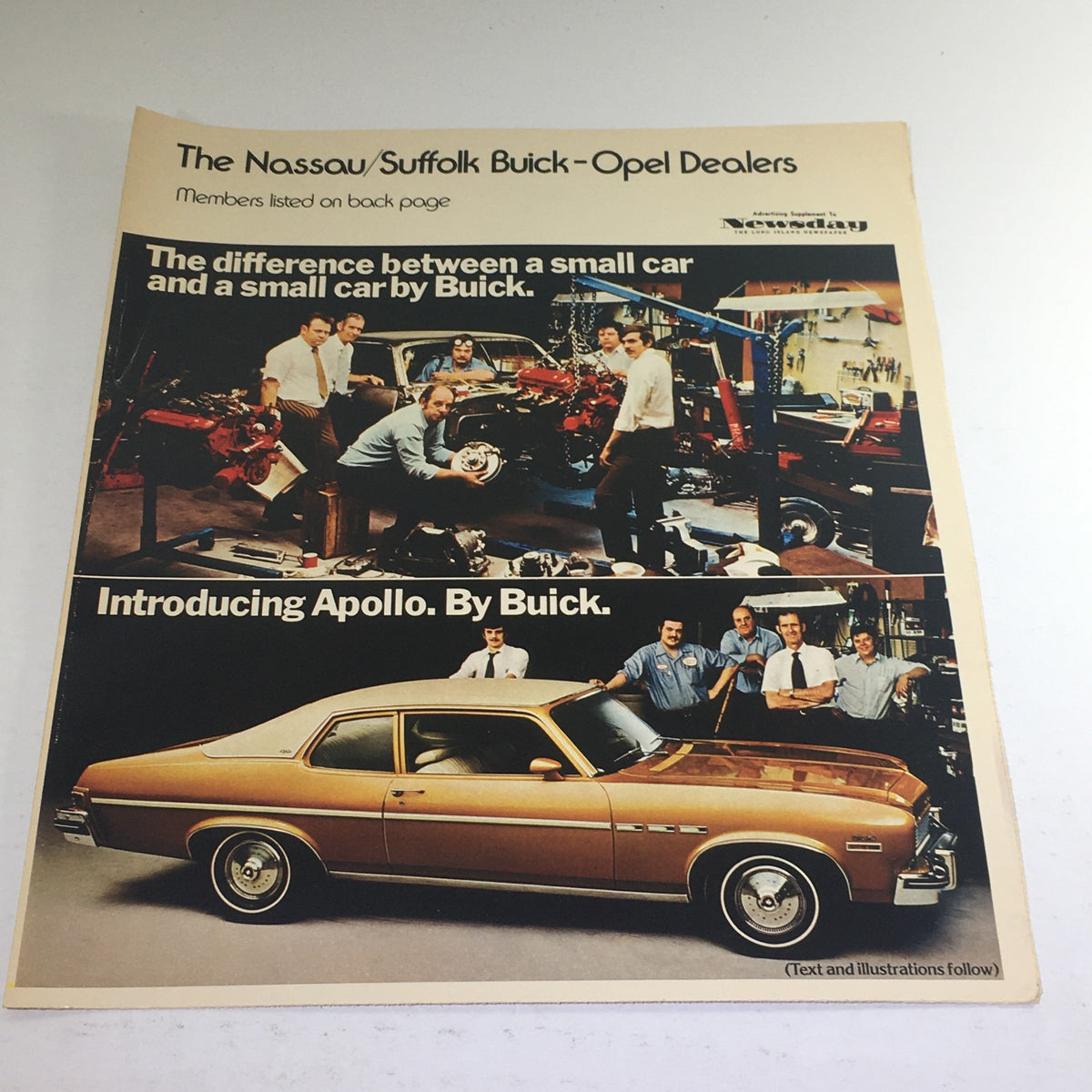 1970s Buick-Opel Apollo Dealership Car Auto Brochure Cover showcasing the difference between a small car and a small car by Buick with images of the Apollo model and dealership staff.