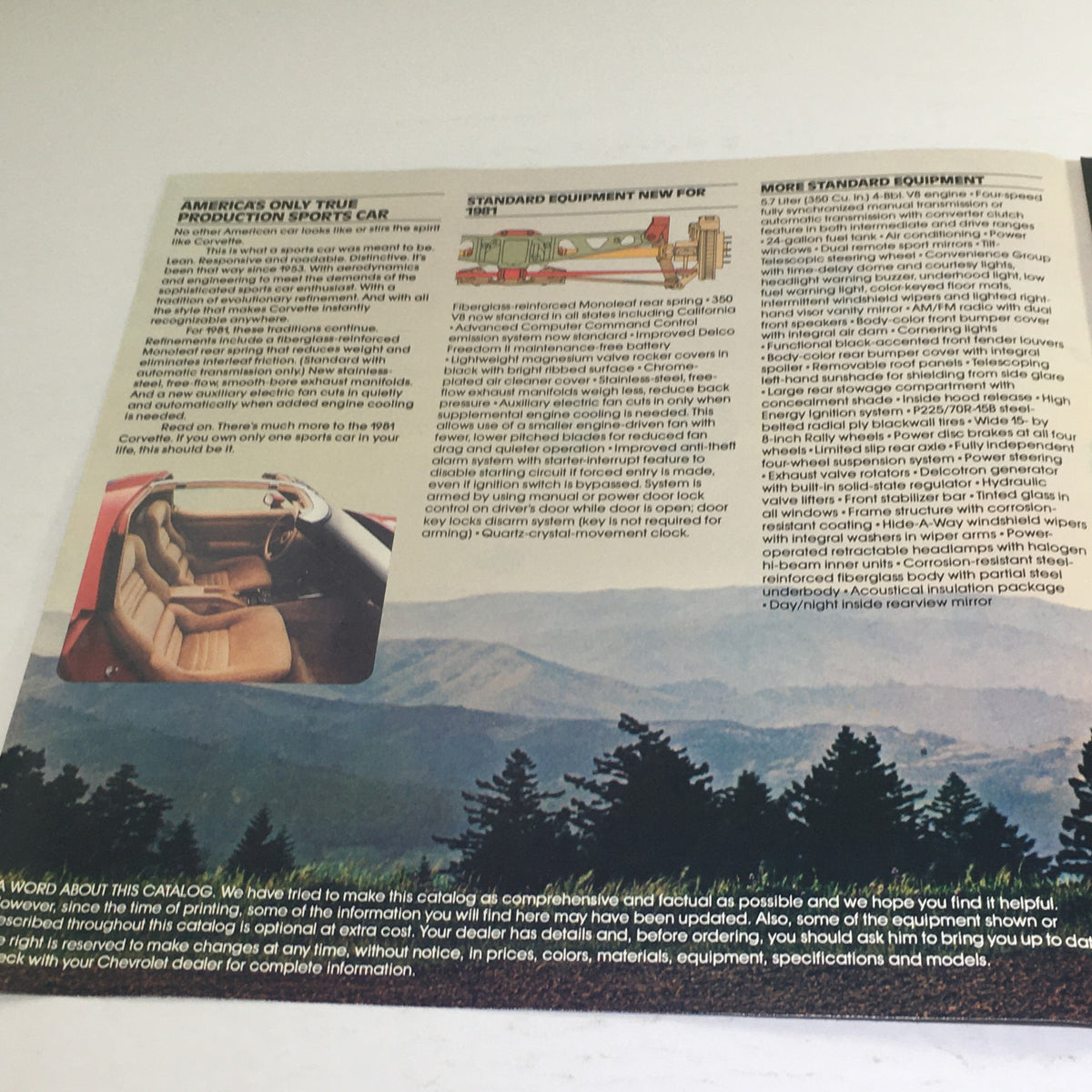 Interior page of the 1981 Chevrolet Corvette Dealership Car Auto Brochure Catalog showcasing features and standard equipment information.