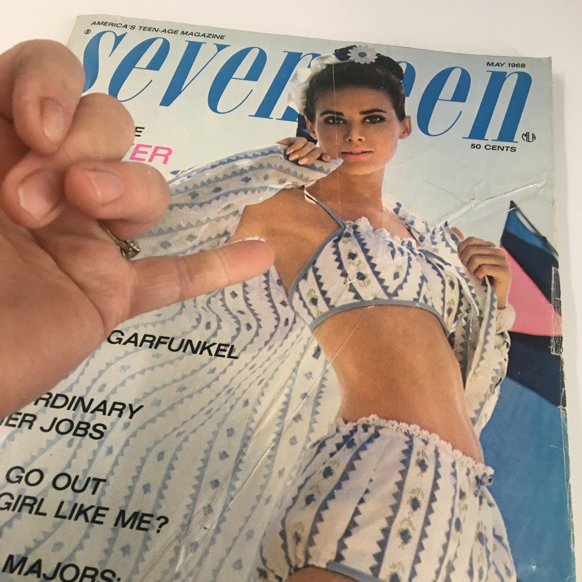 VTG Seventeen Magazine May 1968 cover featuring a model in a vintage swimwear set, highlighting Simon and Garfunkel's interview inside.