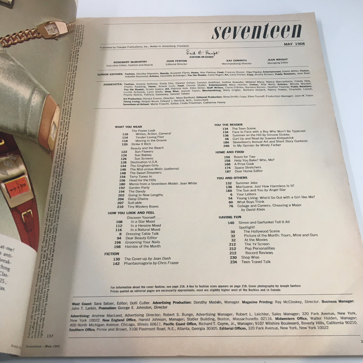 Inside page of the VTG Seventeen Magazine May 1968, displaying the table of contents and editorial credits.