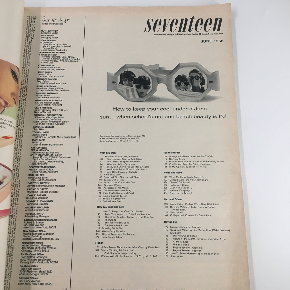 Cover of VTG Seventeen Magazine June 1966 featuring the title 'How to Keep Your Cool Under a June Sun' with vintage sunglasses and a nostalgic layout.