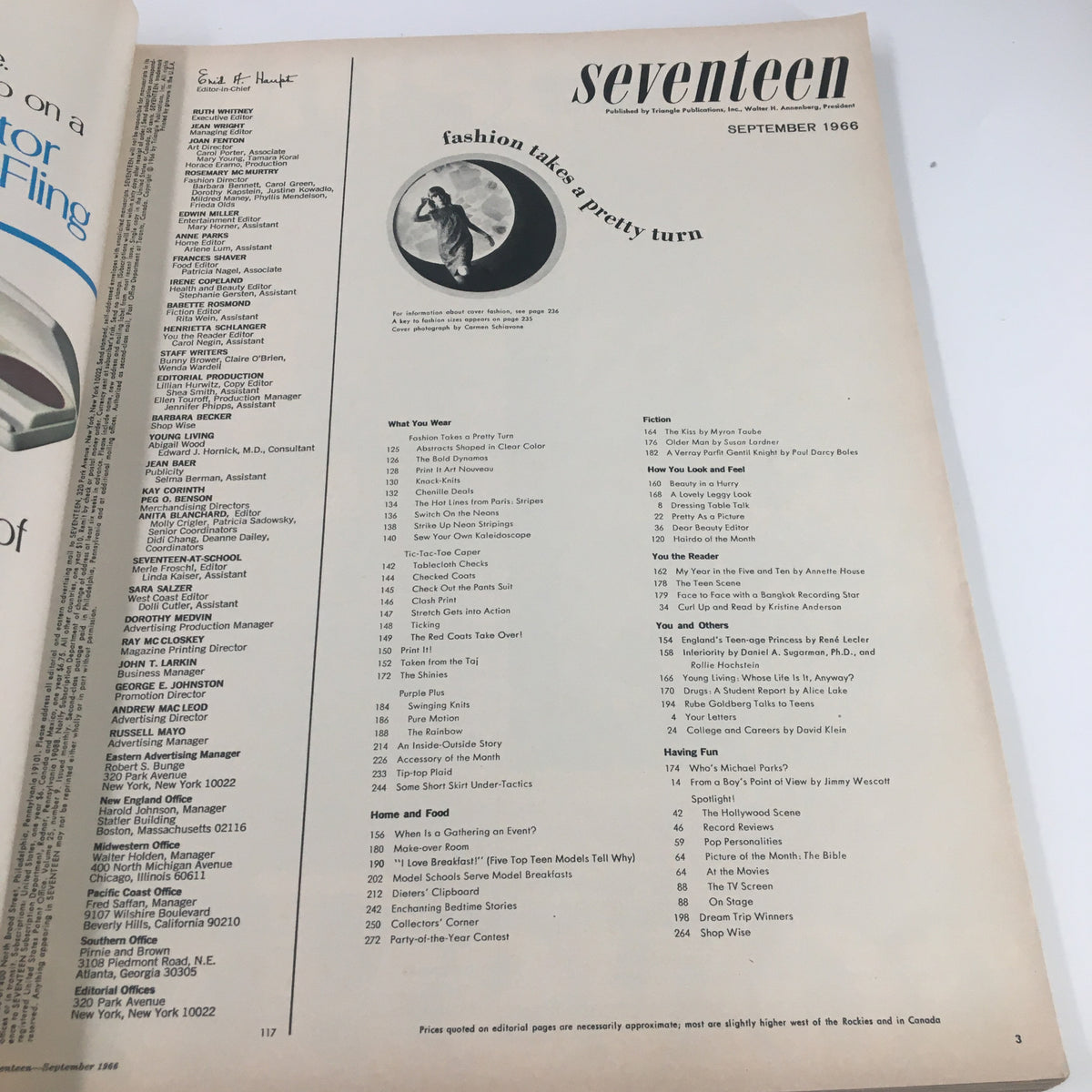 Interior page of VTG Seventeen Magazine September 1966 displaying the contents list, showcasing teenage fashion and cultural insights from the 1960s.