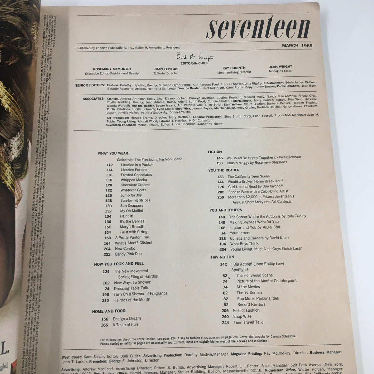 Page layout from the March 1968 issue of Seventeen Magazine titled 'The Career Where The Action Is,' featuring the table of contents and editorial credits. This vintage collectible highlights key articles and themes relevant to the culture of the 1960s.