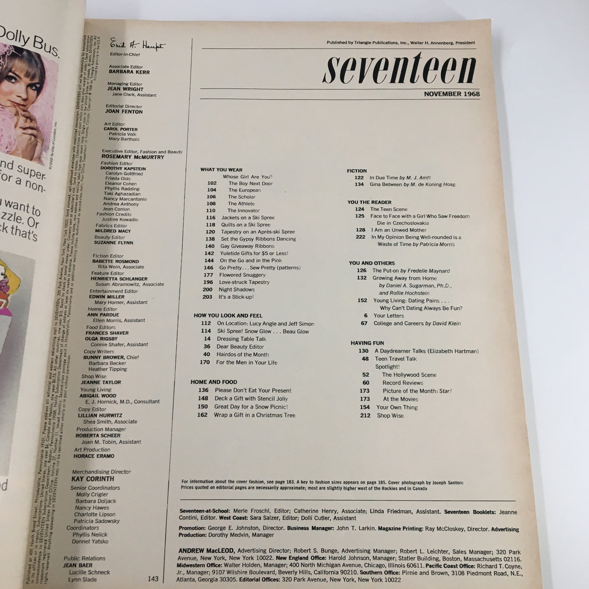 Interior page of VTG Seventeen Magazine November 1968 showcasing the table of contents, featuring articles on fashion, beauty, and teenage life.