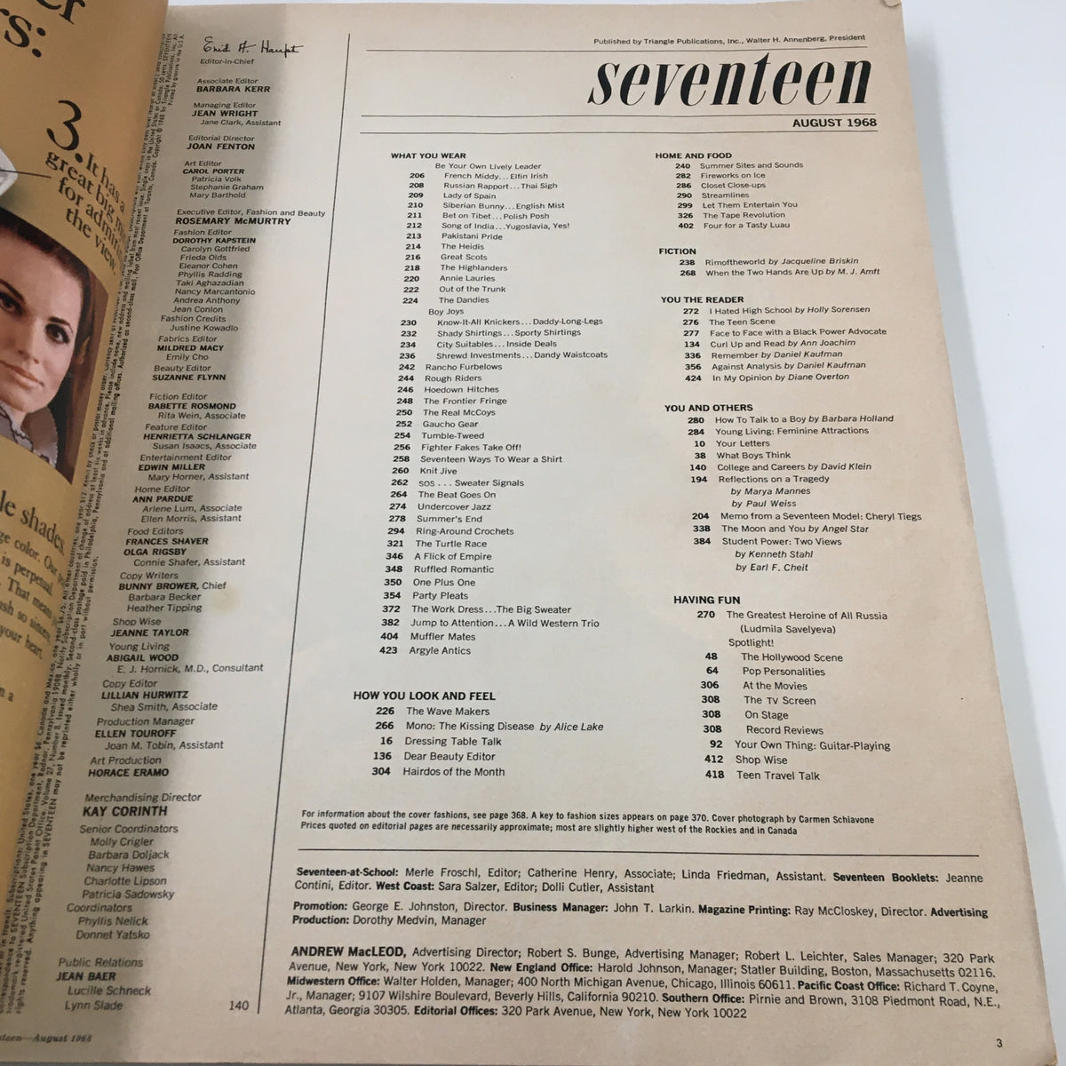 Interior page of VTG Seventeen Magazine August 1968, highlighting the table of contents and articles, including a feature on model Cheryl Tiegs