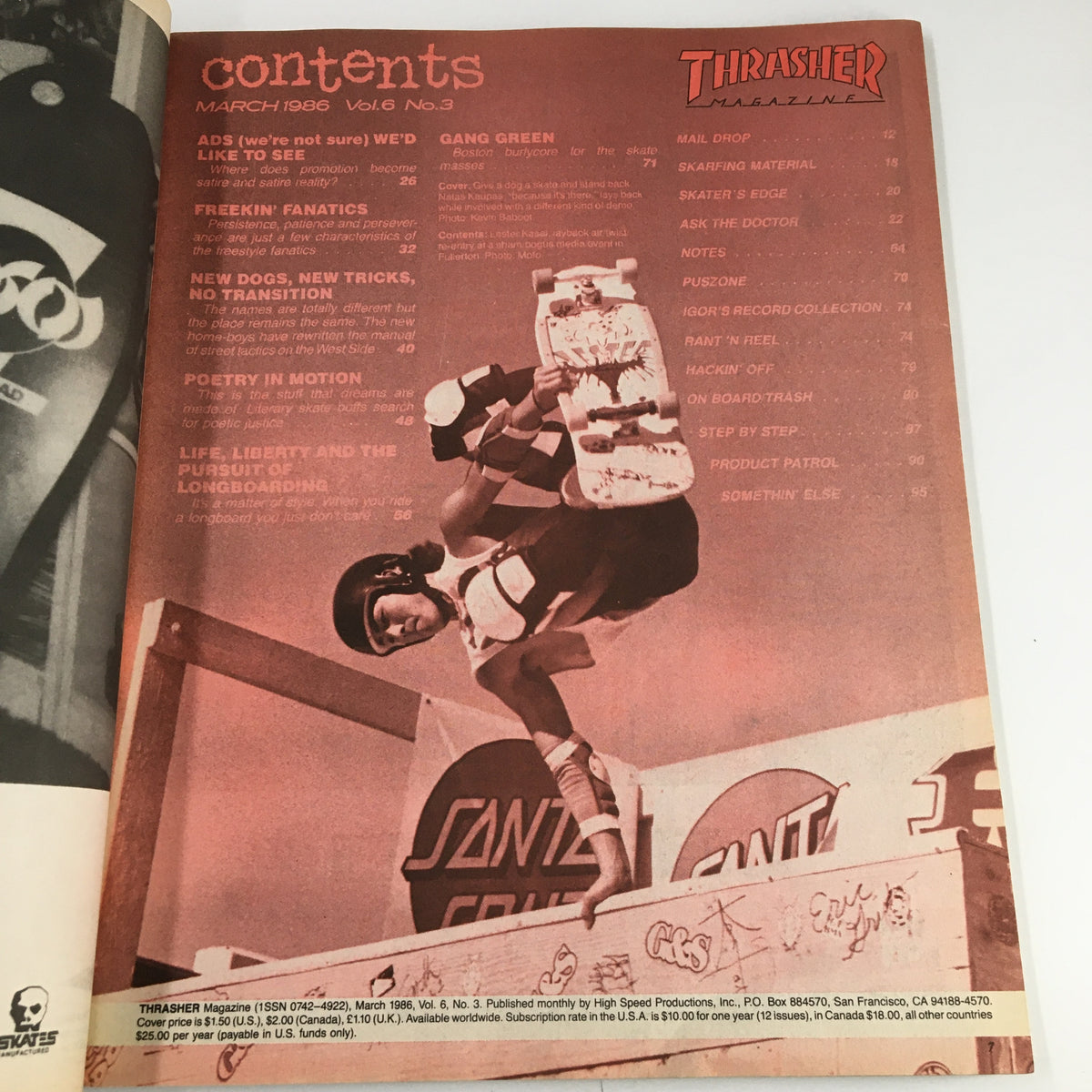 Contents page of VTG Thrasher Magazine March 1986 featuring Natas Kaupas, showcasing articles like 'Freakin' Fanatics' and 'Life, Liberty, and the Pursuit of Longboarding.' Highlights the issue number, volume, and notable sections.