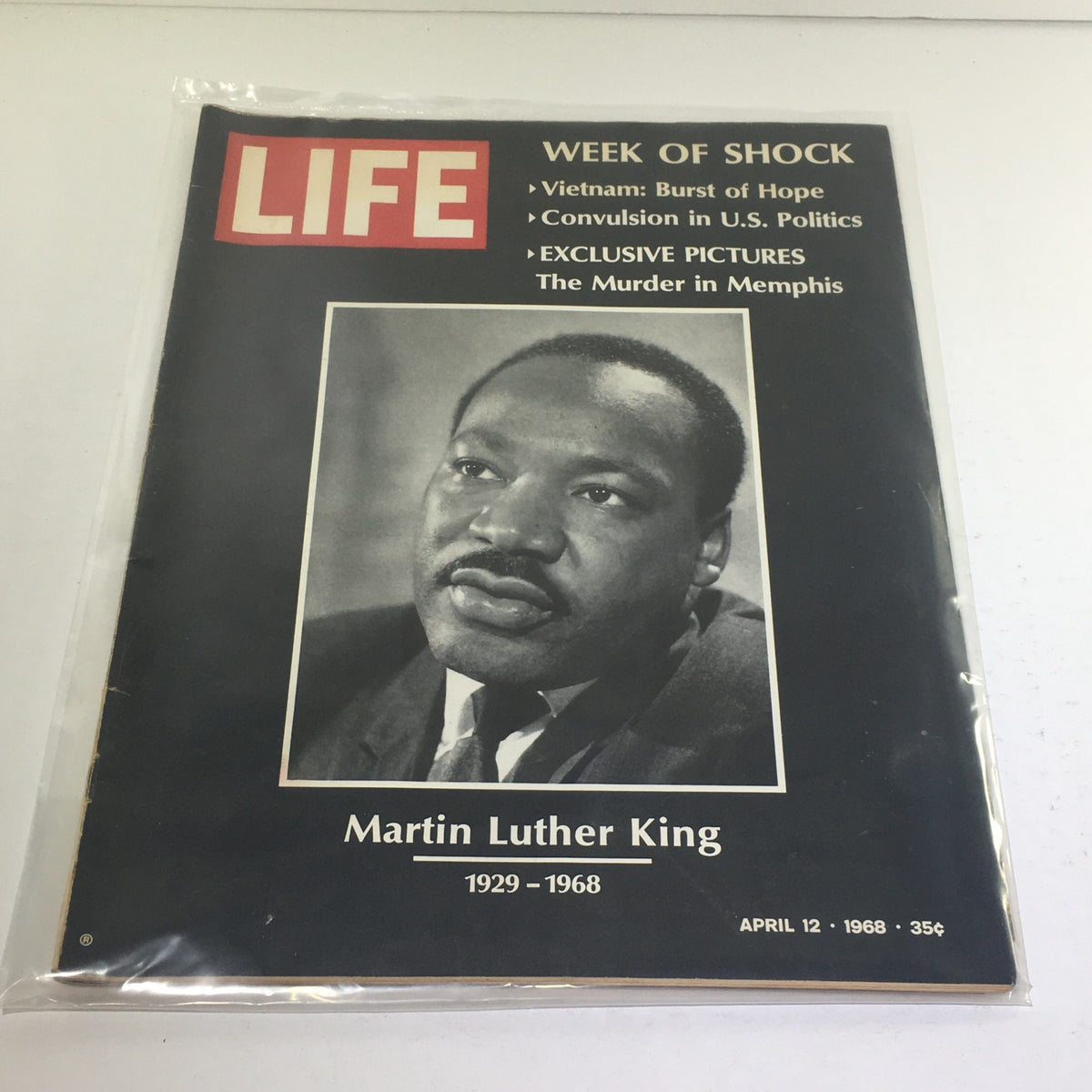 VTG Life Magazine: April 12 1968 cover featuring a portrait of Martin Luther King Jr. with the headline "Week of Shock" and details about the exclusive coverage of the Murder in Memphis.