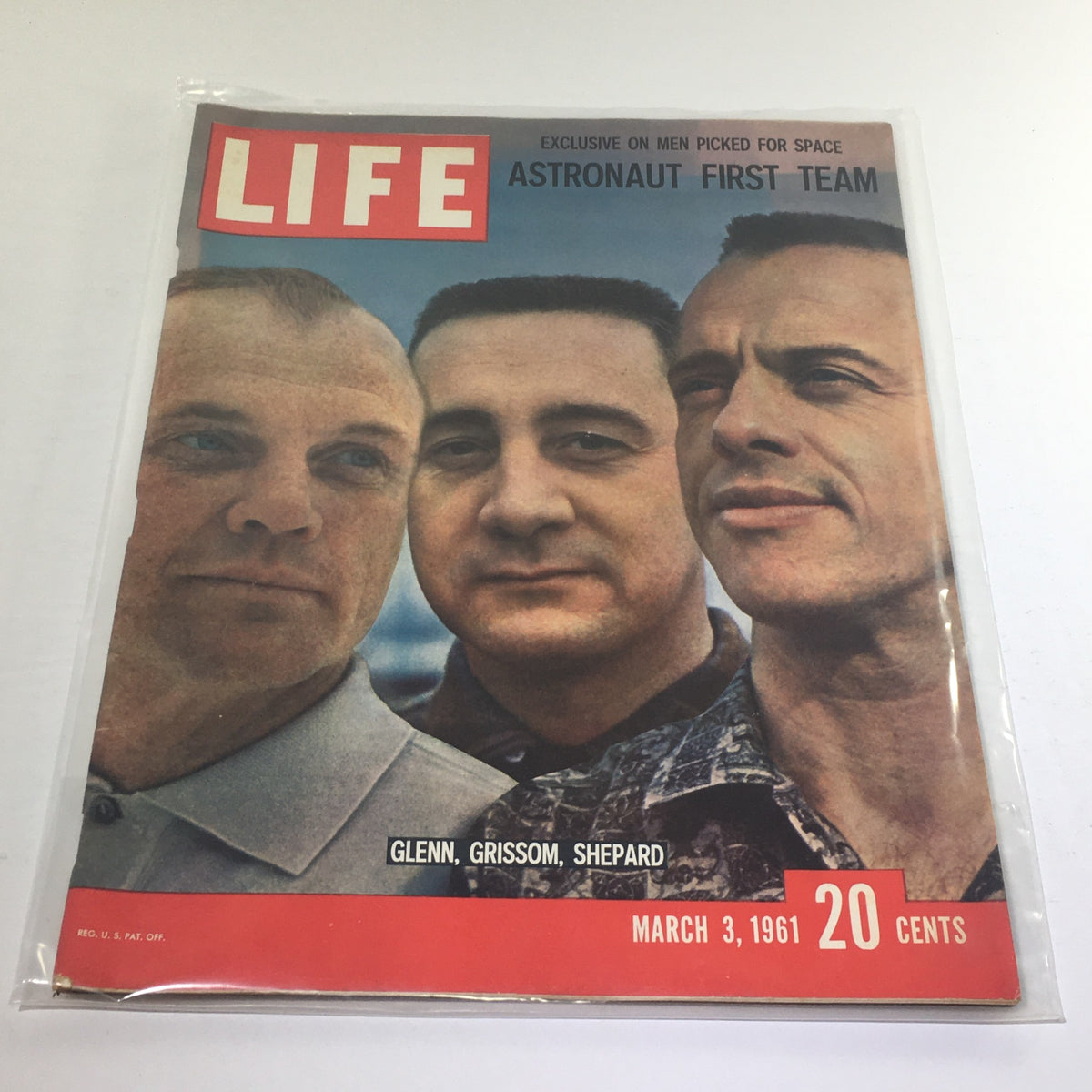 Vintage Life Magazine cover from March 3, 1961, featuring the first team of American astronauts: John Glenn, Gus Grissom, and Alan Shepard. This collectible issue highlights a pivotal moment in the space race.